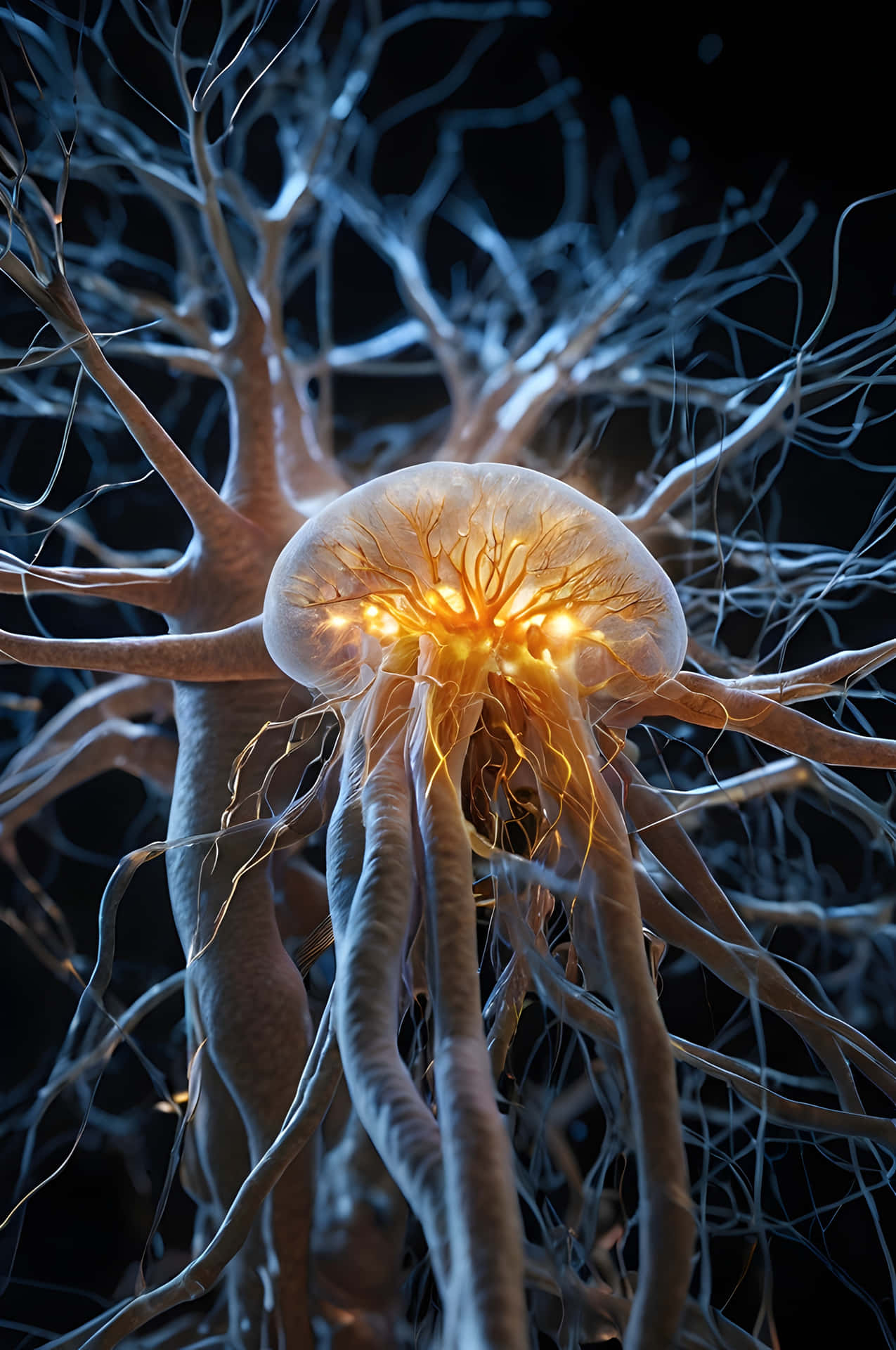 Neural Network Glow 壁紙 — 一個發光的神經元，帶有金色的突觸連接，在黑暗的背景下放射出光芒，背景是分支的神經通路。