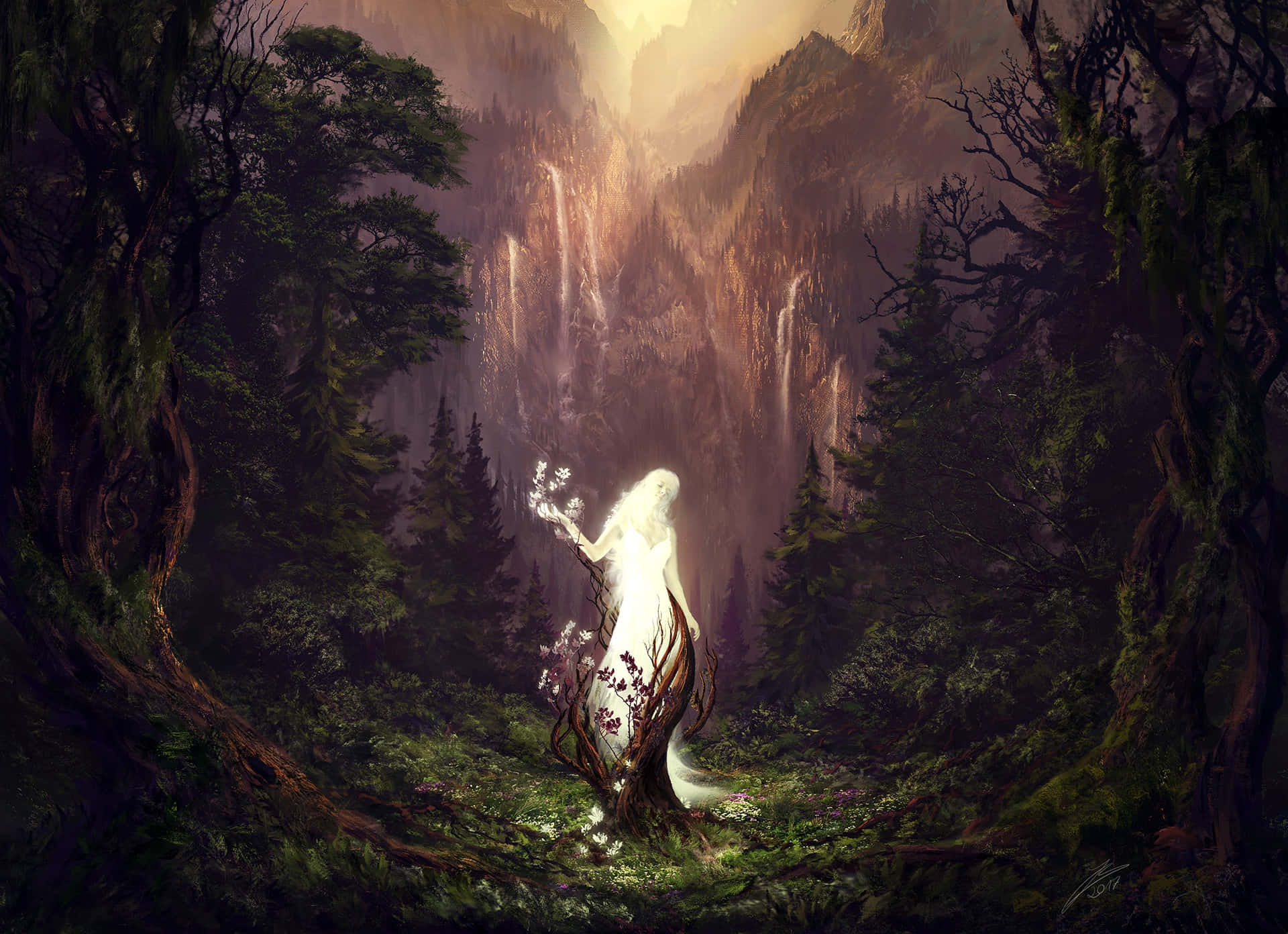 spirit 桌布 壁紙 — 一個發光的空靈身影站在神秘的森林中，金色的光芒從上方的山谷傾瀉而下。