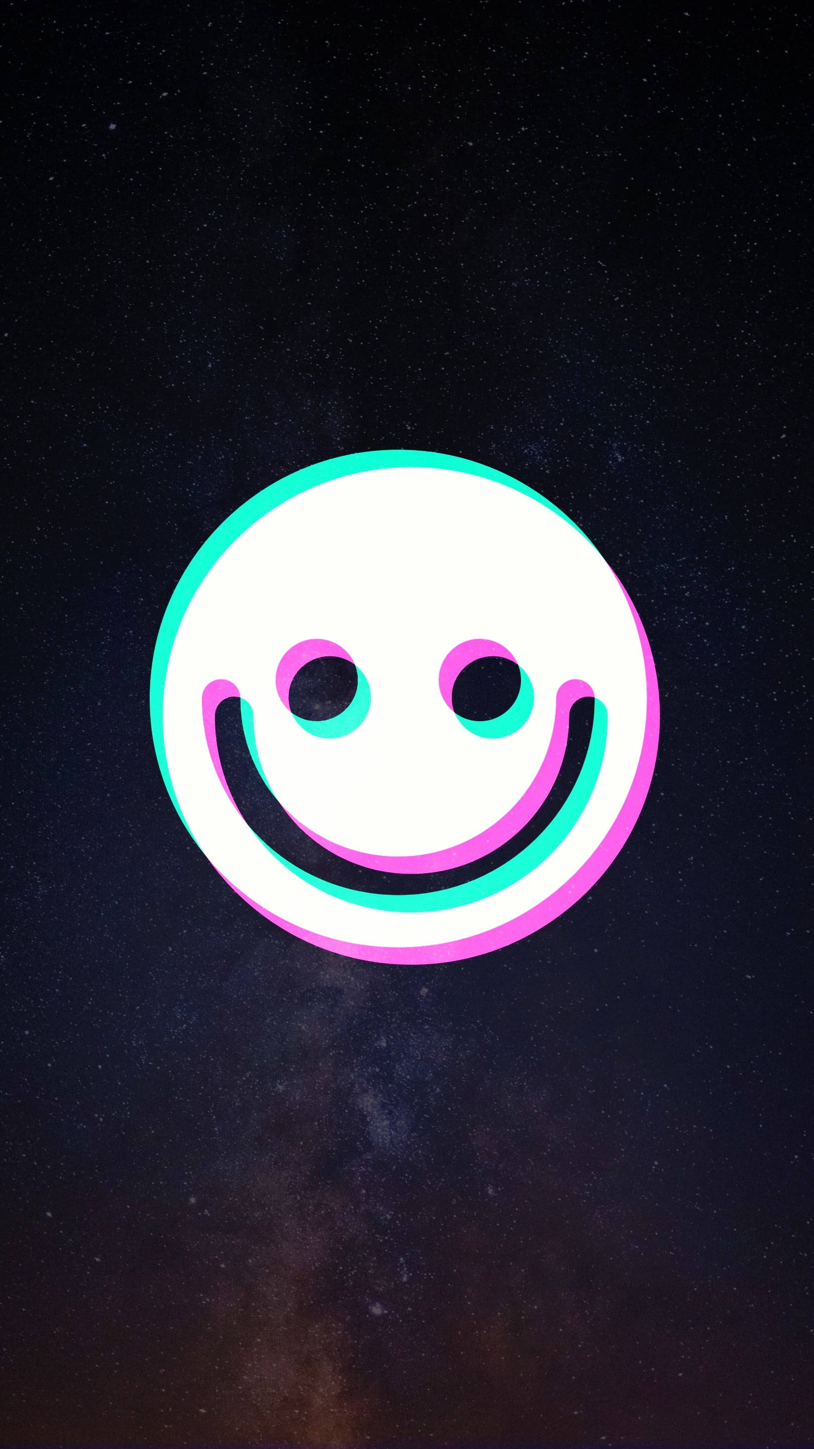 Black Emoji 桌布 壁紙 — 一個發光的笑臉，帶有粉紅色和藍綠色的輪廓，漂浮在星空宇宙背景上。