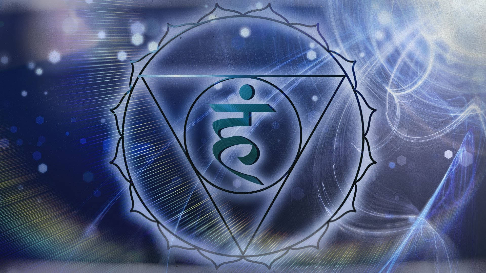 chakra 桌布 壁紙 — 一個發光的第三眼脈輪符號在三角形曼陀羅內散發能量，背景是宇宙藍白光芒漩渦。