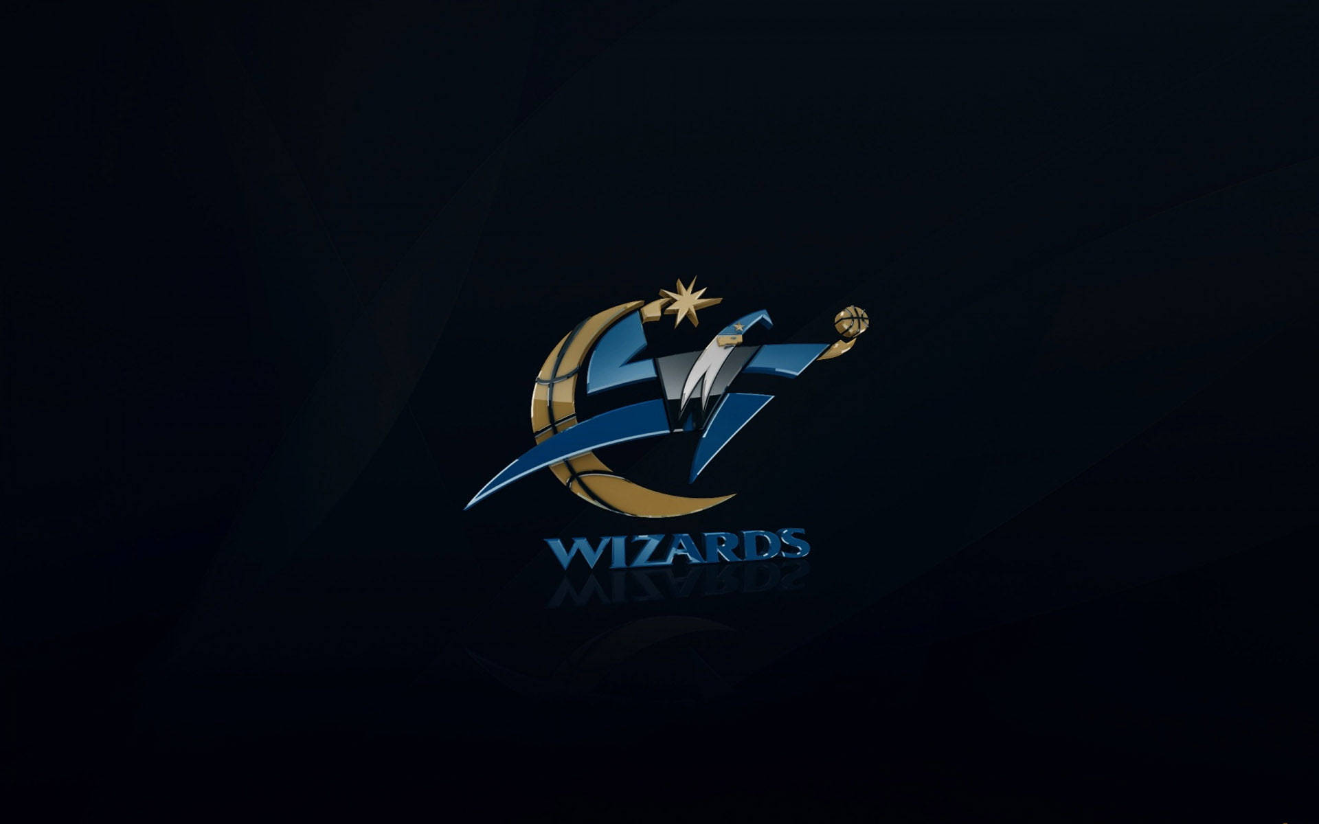 Wizards 桌布 壁紙 — 一個發光的籃球巫師標誌，帶有藍色、金色和銀色點綴，在深色紋理背景上脫穎而出。