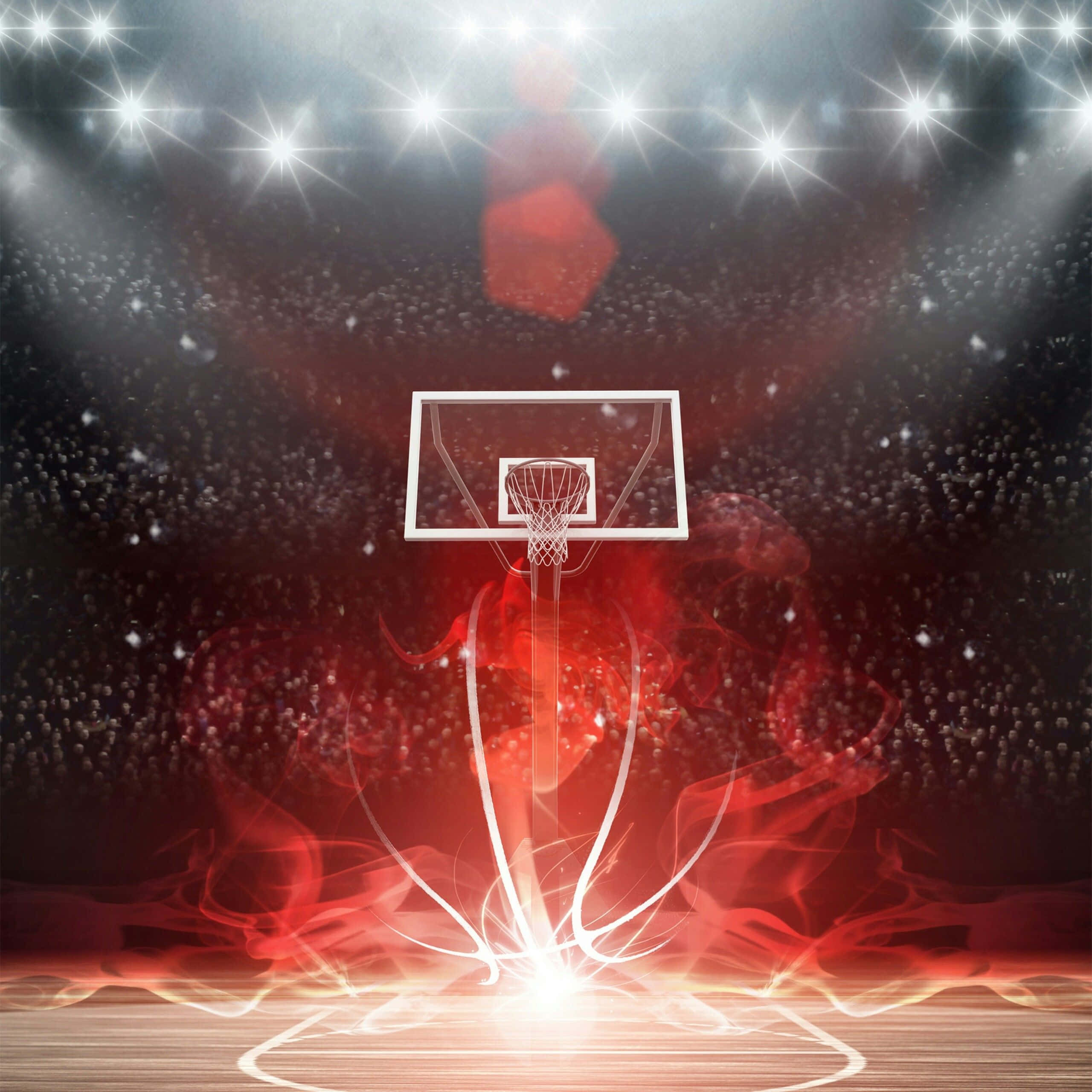 Basketball Court 桌布 壁紙 — 一個發光的籃球框，位於體育場燈光下，帶有旋轉的紅色能量和黑暗背景中的人群剪影。