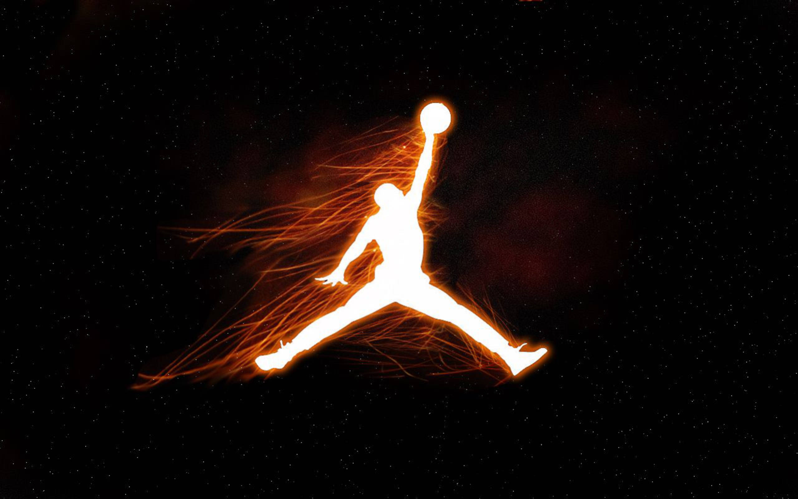 Air Jordan 桌布 壁紙 — 一個發光的籃球運動員剪影，在星空宇宙背景下騰空而起，帶有熾熱的橙色軌跡。