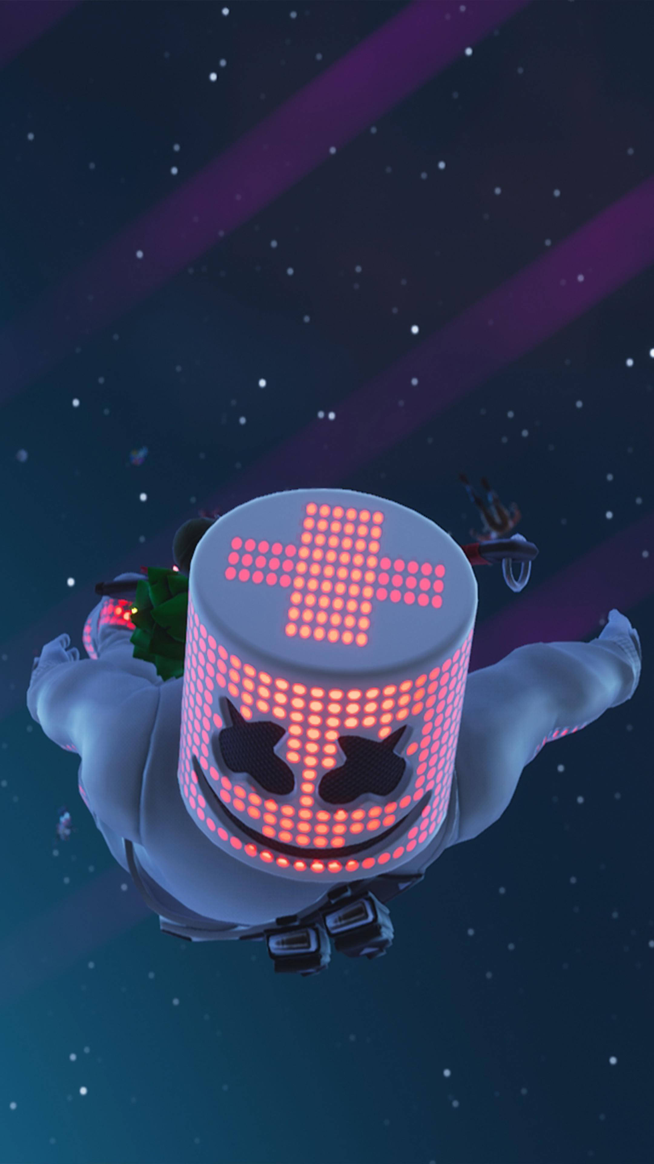 marshmello iPhone 桌布 壁紙 — 一個發光的粉紅色LED棉花糖人在繁星點點的紫色夜空中漂浮，帶有宇宙條紋。