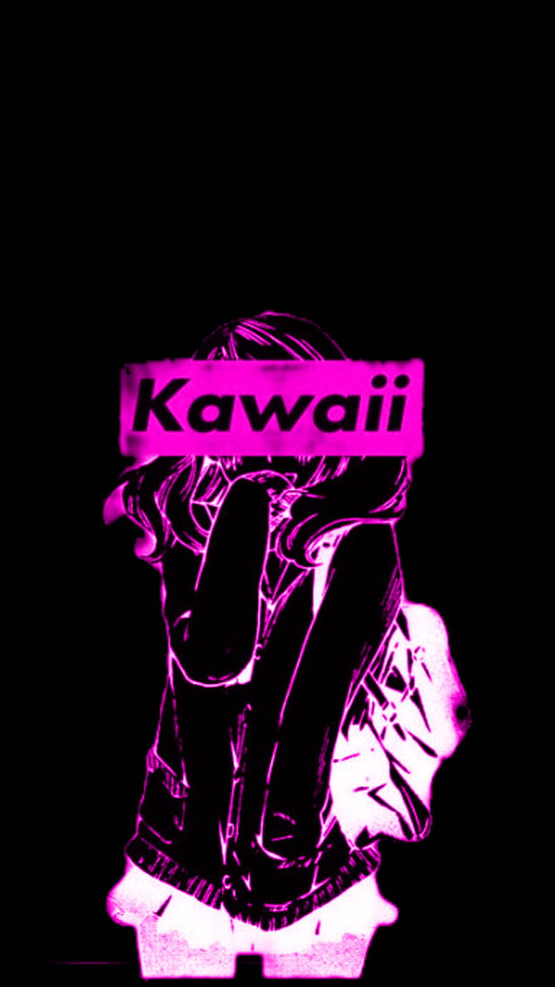 發光的粉紅色動漫女孩剪影，帶有 'Kawaii' 文字，背景為黑色。 — 少女風 GIF 壁紙