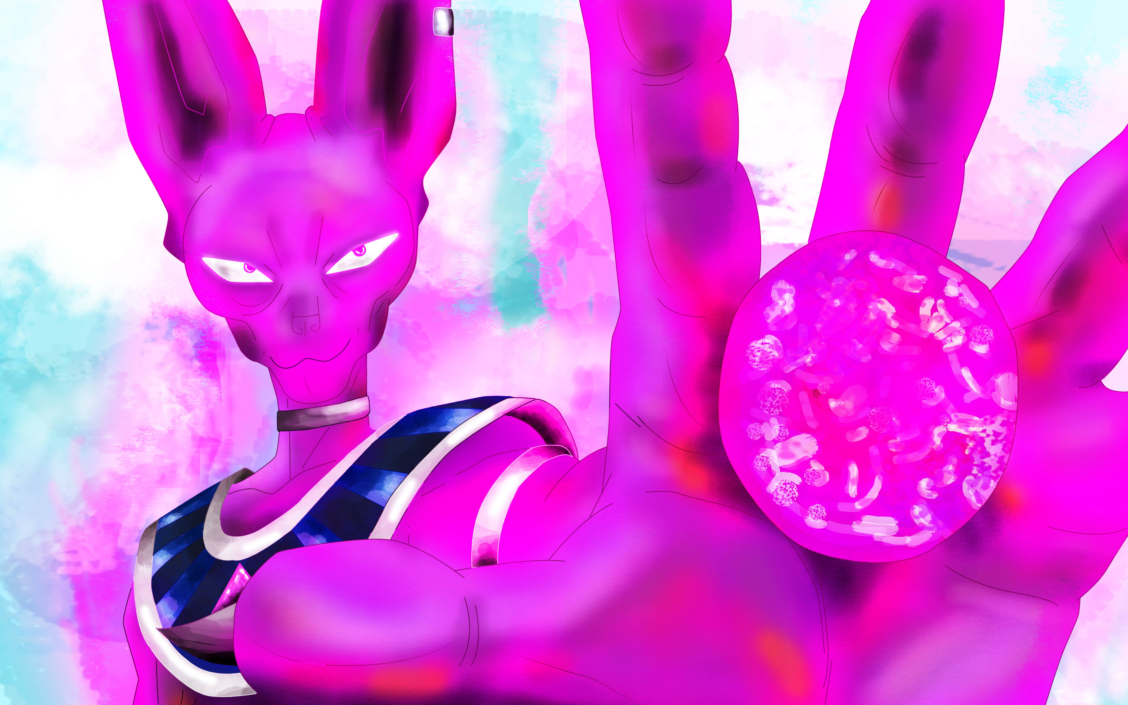 Beerus 桌布 壁紙 — 一個發光的粉紅色動漫角色，長著兔耳，在夢幻的粉彩天空下握著一個閃閃發光的球體。