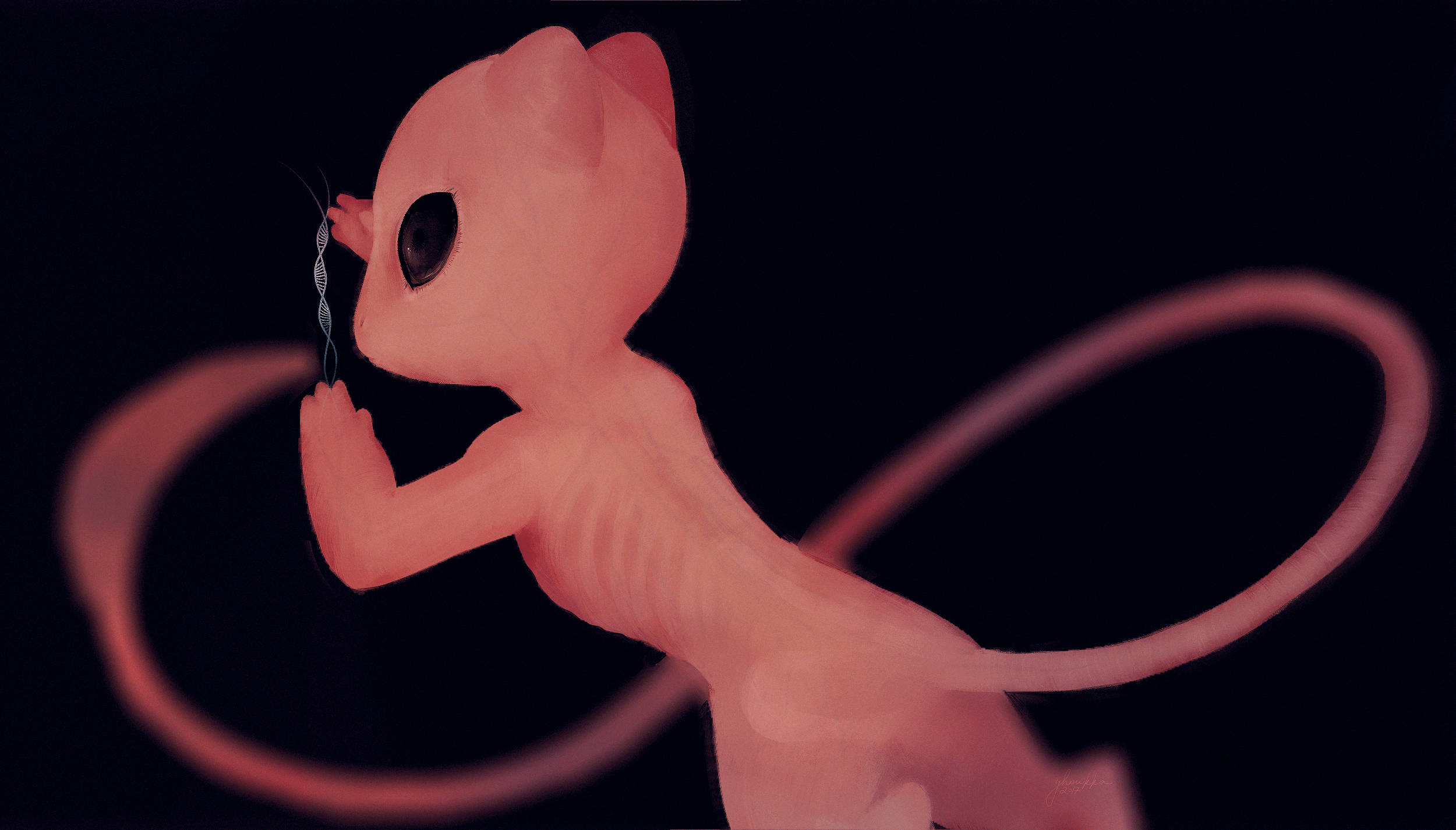 Mew 桌布 壁紙 — 一個發光的粉紅色動漫貓狀生物，嘴裡含著一條DNA鏈，漂浮在黑暗背景上。