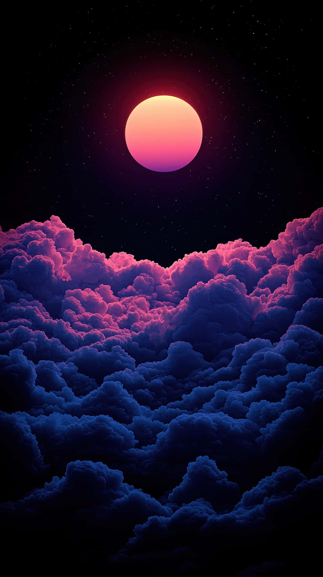 Surreal Cosmic Sun Rising Above a Deep Purple and Pink Cloudscape Under a Starry Night Sky 壁紙 — 一個發光的粉紅色和橙色球體懸掛在紫色和藍色雲海之上，星空下。