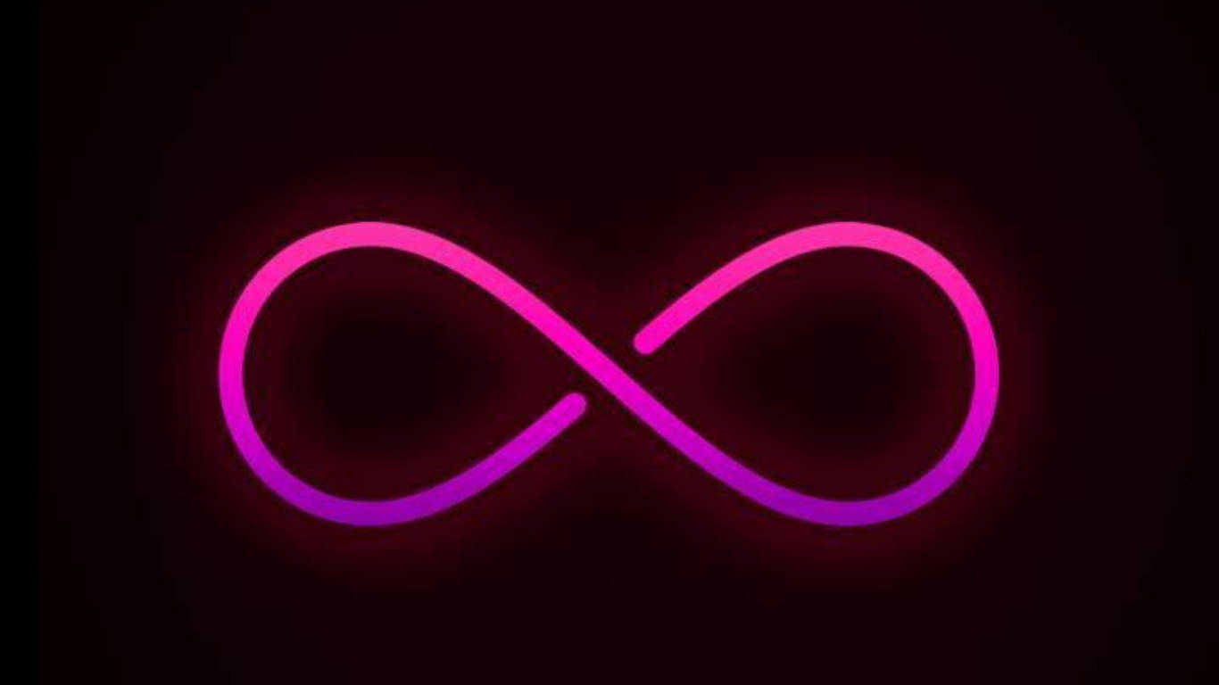 Infinity Symbol 桌布 壁紙 — 一個發光的粉紅色和紫色霓虹燈無限符號在深黑色背景上柔和地脈動。