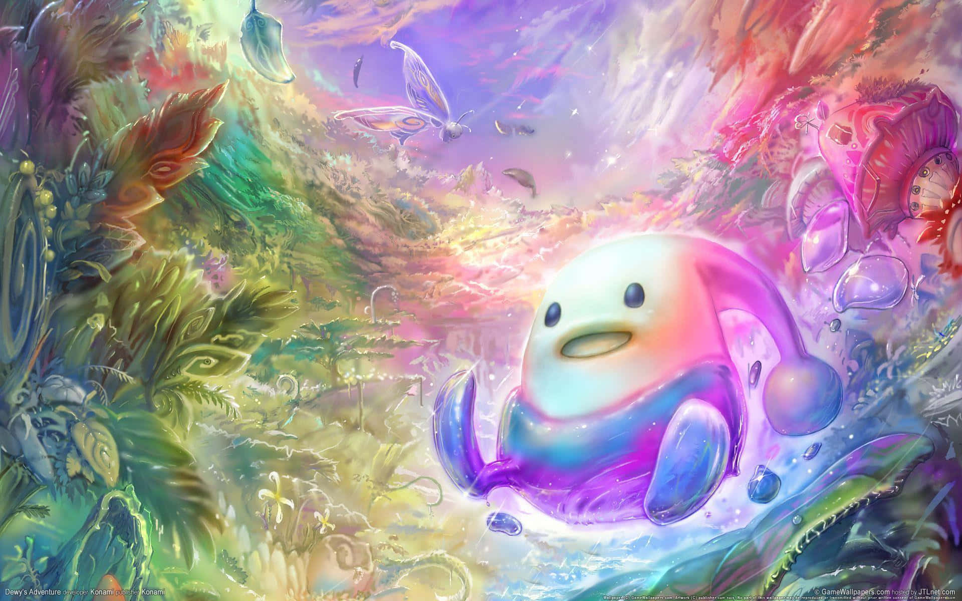Anime Forest 桌布 壁紙 — 一個發光的粉紅色和藍色水母狀生物漂浮在超現實的水下花園中，花園裡有生物發光的植物和飛魚，天空是彩虹色的。