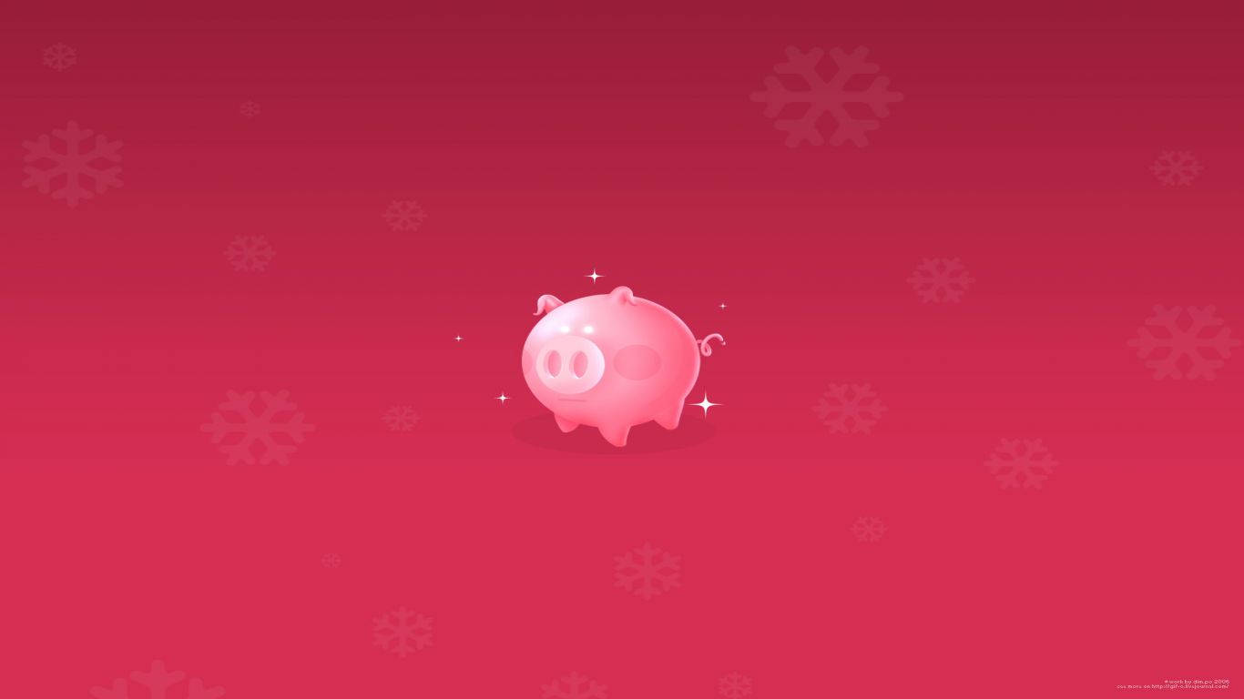 Pig 桌布 壁紙 — 一個發光的粉紅色小豬撲滿漂浮在帶有微妙雪花圖案的漸變紅色背景上。
