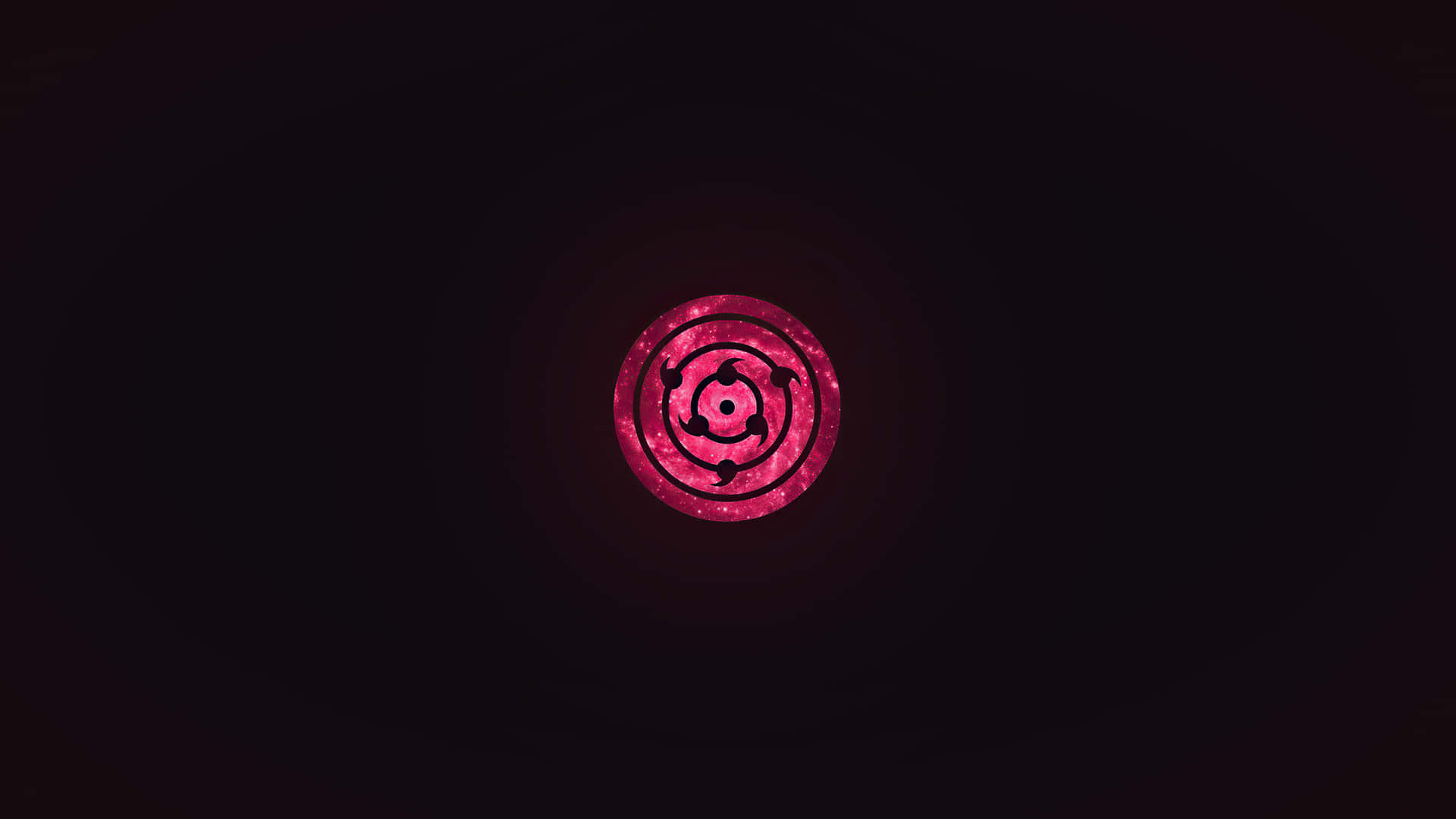 Rinnegan 桌布 壁紙 — 一個發光的粉紅色巴紋符號在深邃的黑色虛空中隨著內在光芒脈動。