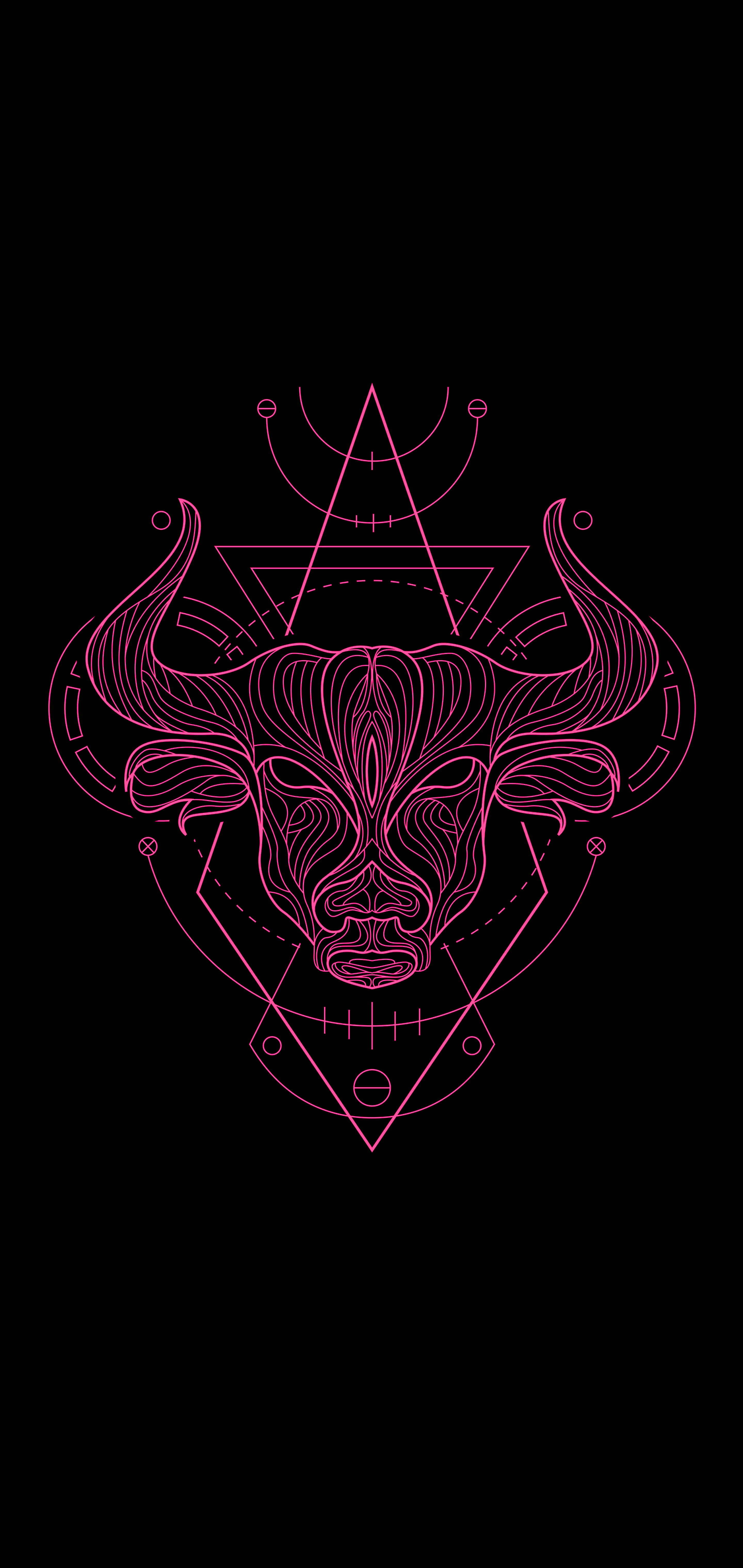 zodiac 桌布 壁紙 — 一個發光的粉紅色幾何公牛頭，帶有神聖符號，置於黑色背景上。