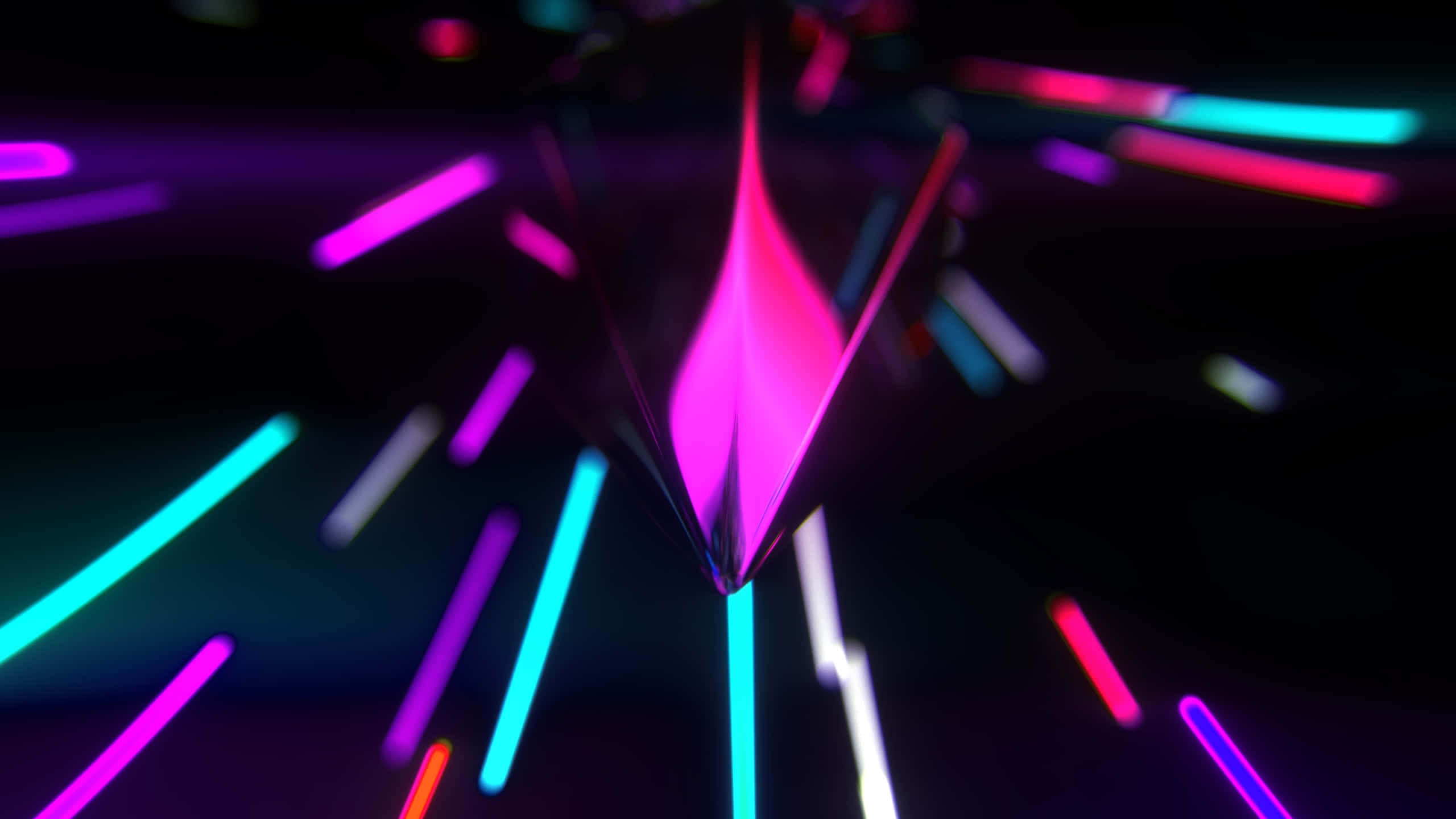 Neon Light 桌布 壁紙 — 一個發光的粉紅色幾何稜鏡在黑暗虛空中折射出充滿活力的紫色和青色霓虹條紋。