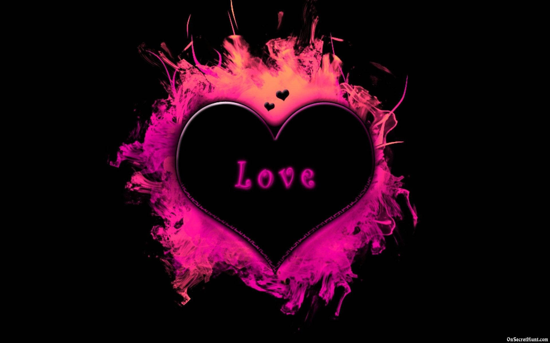 Black Love 桌布 壁紙 — 一個發光的粉紅色心形，上面有love字樣，在黑色背景上散發出火熱的能量。