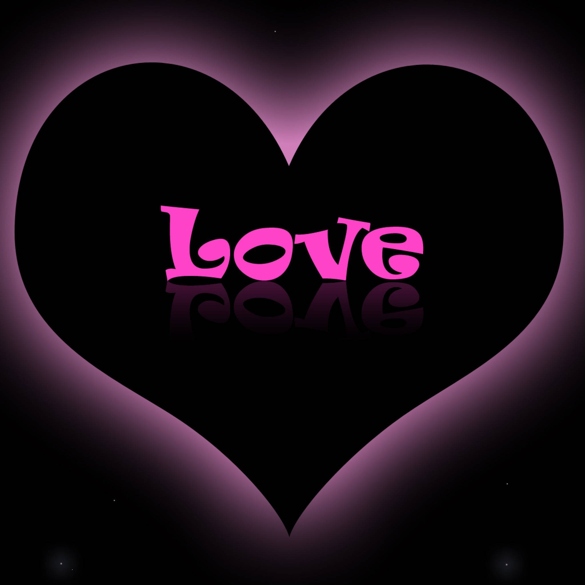 love computer 桌布 壁紙 — 一個發光的粉紅色心形，中心有風格化字體的「love」字樣，背景為深紫色漸變。