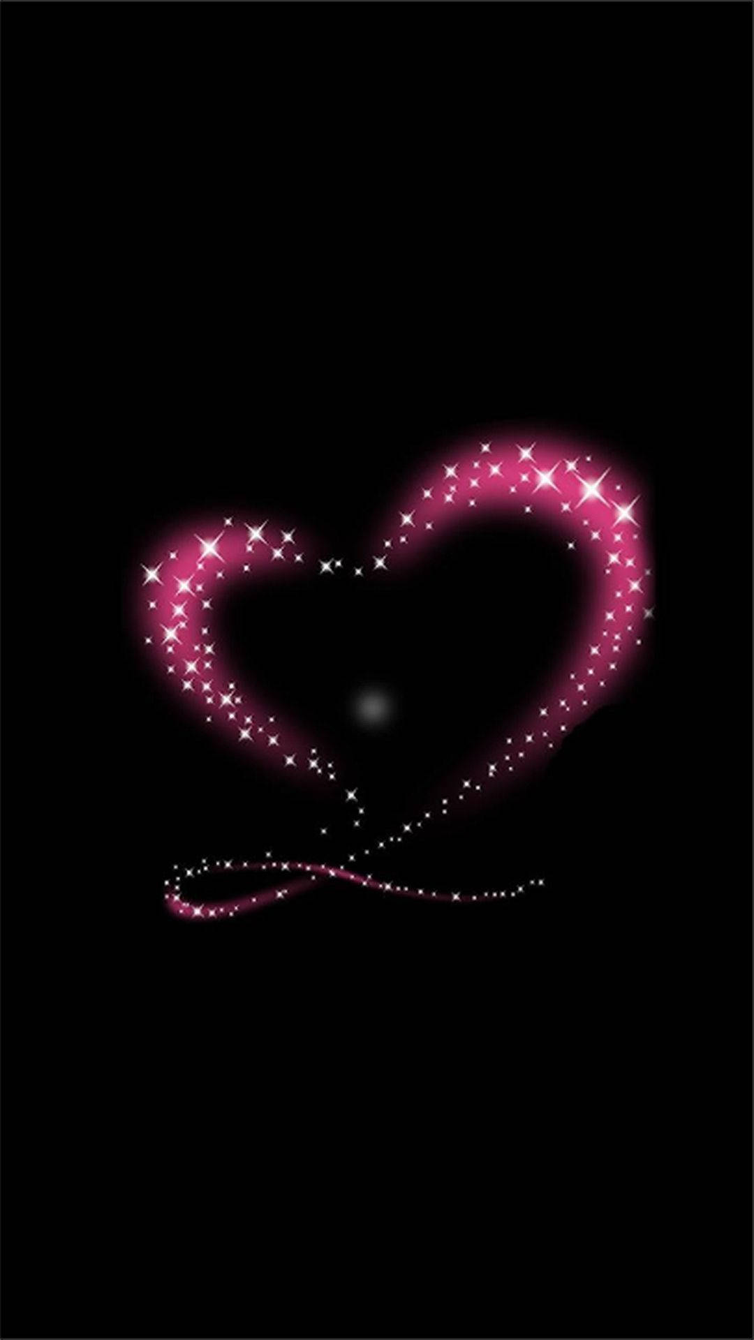 Love Phone 桌布 壁紙 — 一個發光的粉紅色心形，輪廓由閃爍星星點綴，漂浮在純黑色背景上。