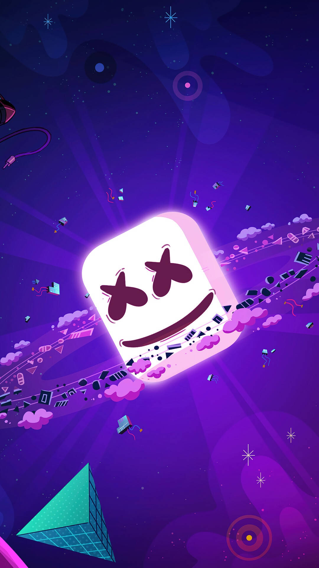marshmello iPhone 桌布 壁紙 — 一個發光的粉紅色棉花糖頭，帶有X形眼睛和微笑，漂浮在充滿幾何形狀和星星的充滿活力的紫色宇宙場景中。
