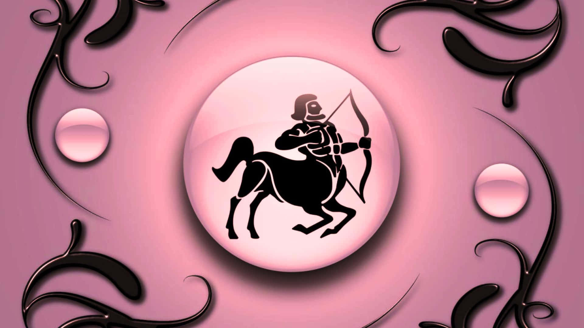 Animated 桌布 壁紙 — 一個發光的粉紅色球體中央，有一個黑色的射手座騎馬剪影，周圍環繞著優雅的黑色漩渦，背景是柔和的粉紅色。