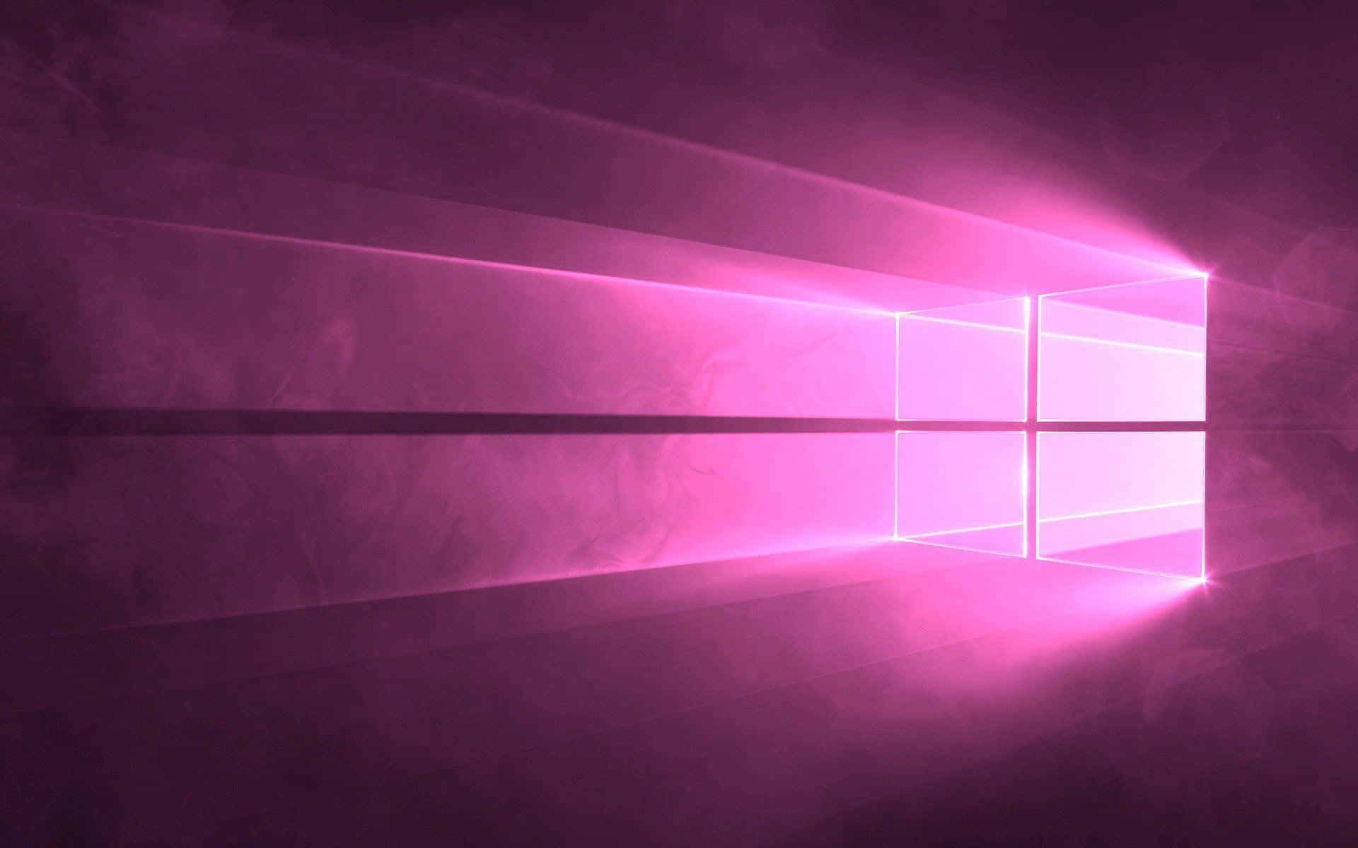 Windows 10 Desktop 桌布 壁紙 — 一個發光的粉紅色窗戶標誌在極簡的數位場景中，透過迷濛的紫色空氣投射出耀眼的光束。