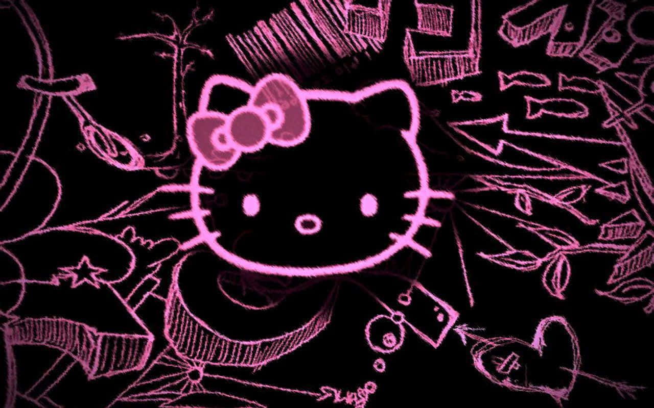 藝術 桌布 壁紙 — 一個發光的粉紅色粉筆風格Hello Kitty面孔，置於充滿混亂塗鴉的黑色背景中央。