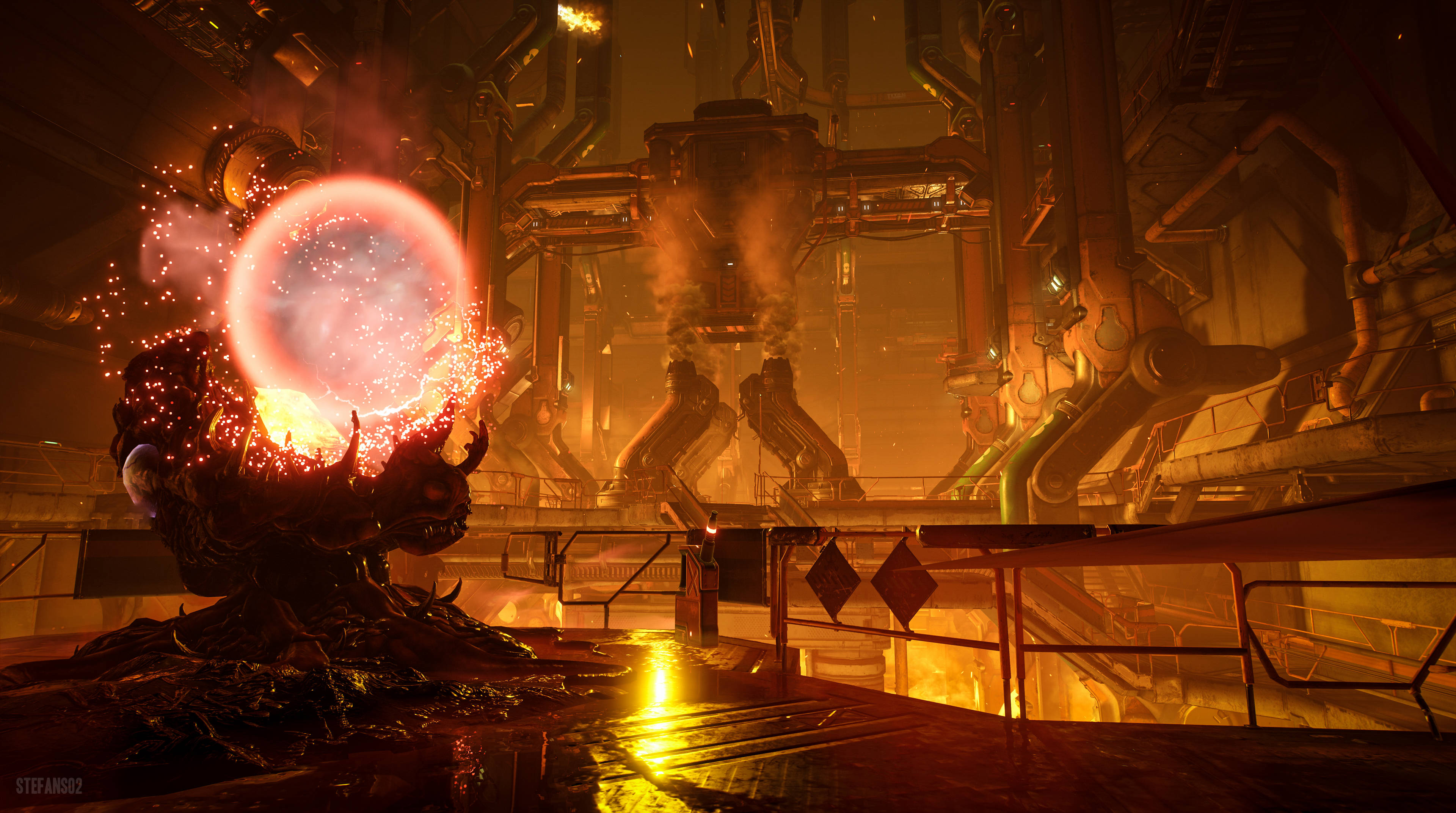 Doom 4K 桌布 壁紙 — 一個發光的粉紅色能量球從黑暗的有機結構中爆發，在一個充滿蒸汽的工業設施中，沐浴在金色的光芒中。