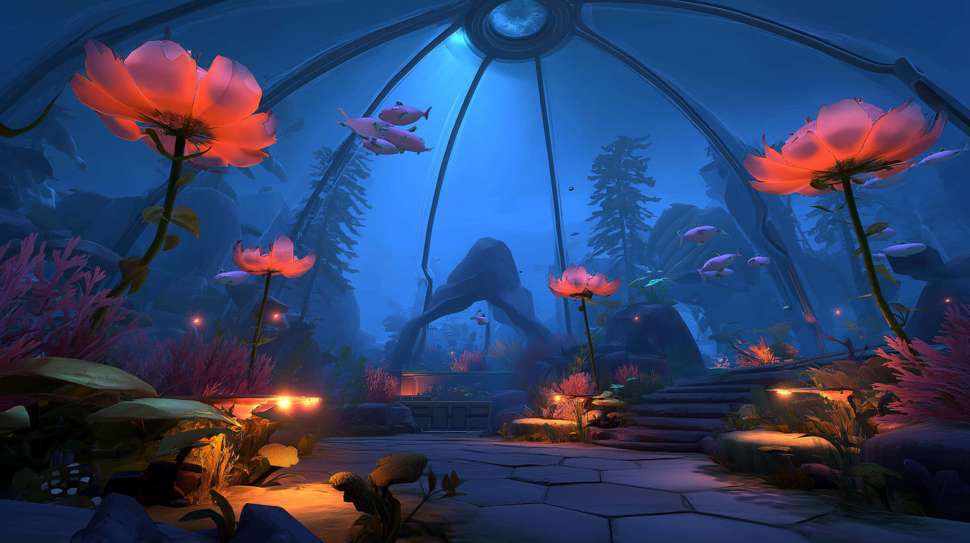 Submerged Serenity: Bioluminescent Flowers in Aquascape 壁紙 — 一個發光的粉紅色花卉圓頂保護著一個寧靜的水下花園，魚兒在珊瑚和石徑旁游過。