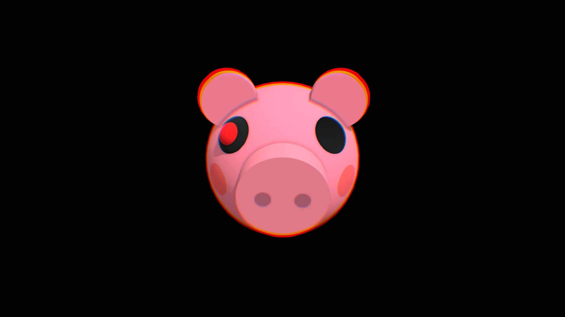 Piggy 桌布 壁紙 — 一個發光的粉紅色豬頭，有一隻紅眼睛和一隻黑眼睛，漂浮在黑色背景上。
