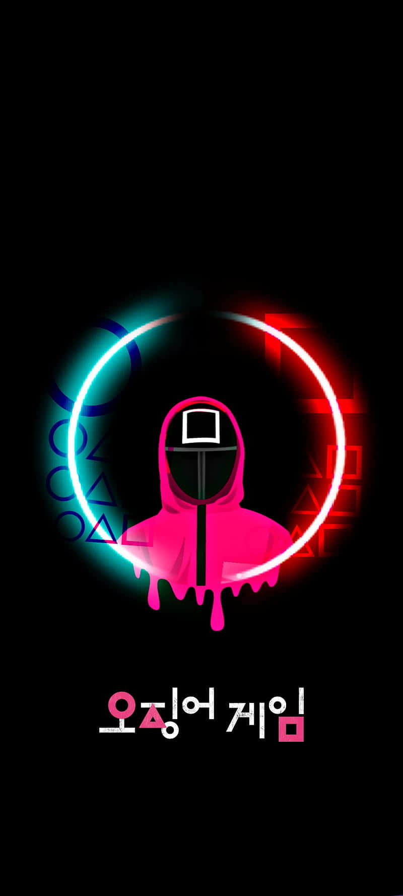 Squid Game Guard 桌布 壁紙 — 一個發光的粉紅色連帽人物，戴著方形面具，站在紅色和藍色的霓虹光環內，背景為黑色。