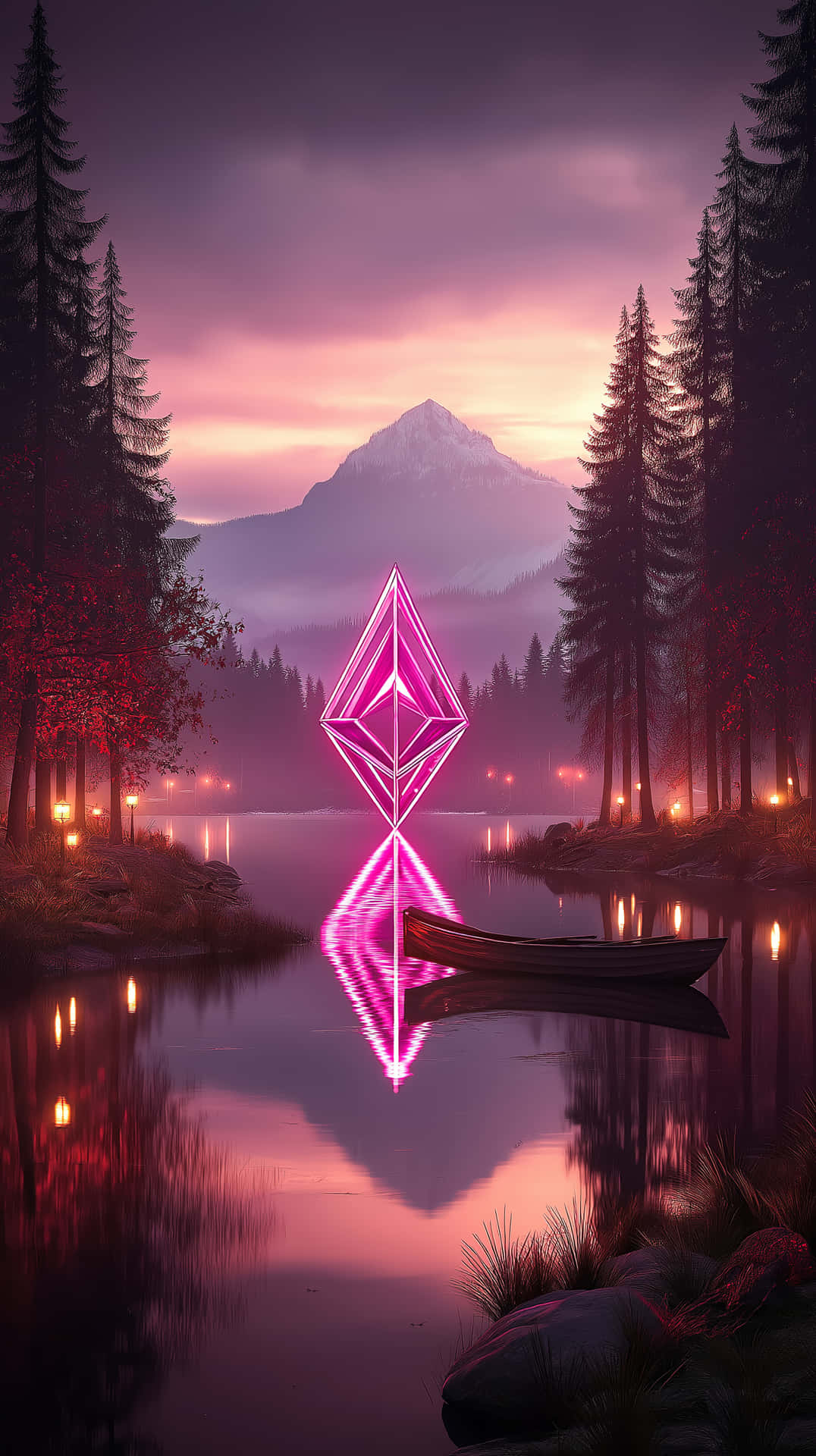 Mystical Crystal Lake 壁紙 — 一個發光的粉紅色鑽石形傳送門懸浮在黃昏時分霧氣瀰漫的湖面上，背景有松樹和一座山。