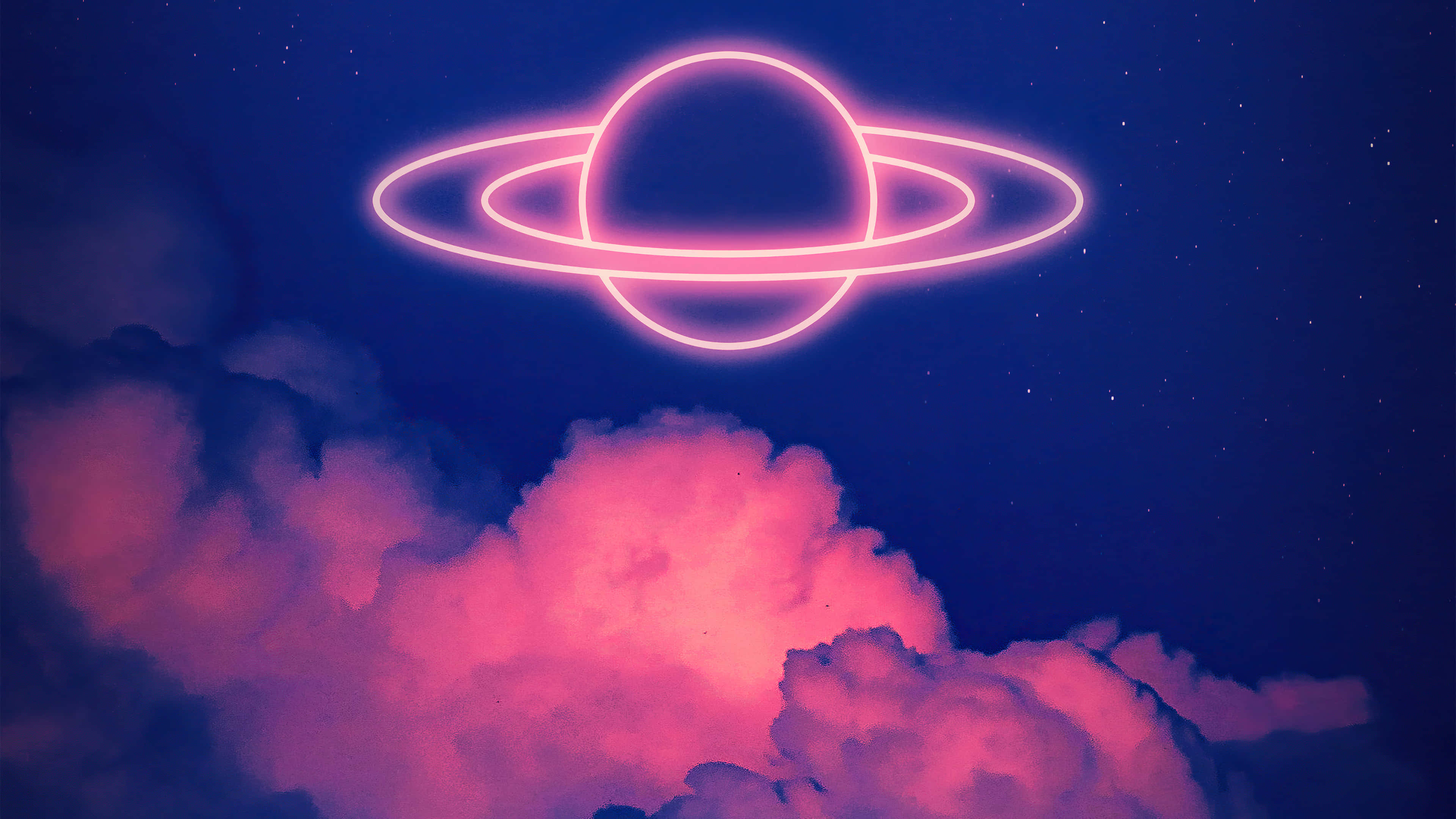 Blue And Pink Aesthetic Neon 桌布 壁紙 — 一個發光的粉紅色霓虹土星漂浮在充滿活力的粉紅色雲層之上，背景是繁星點點的午夜天空。