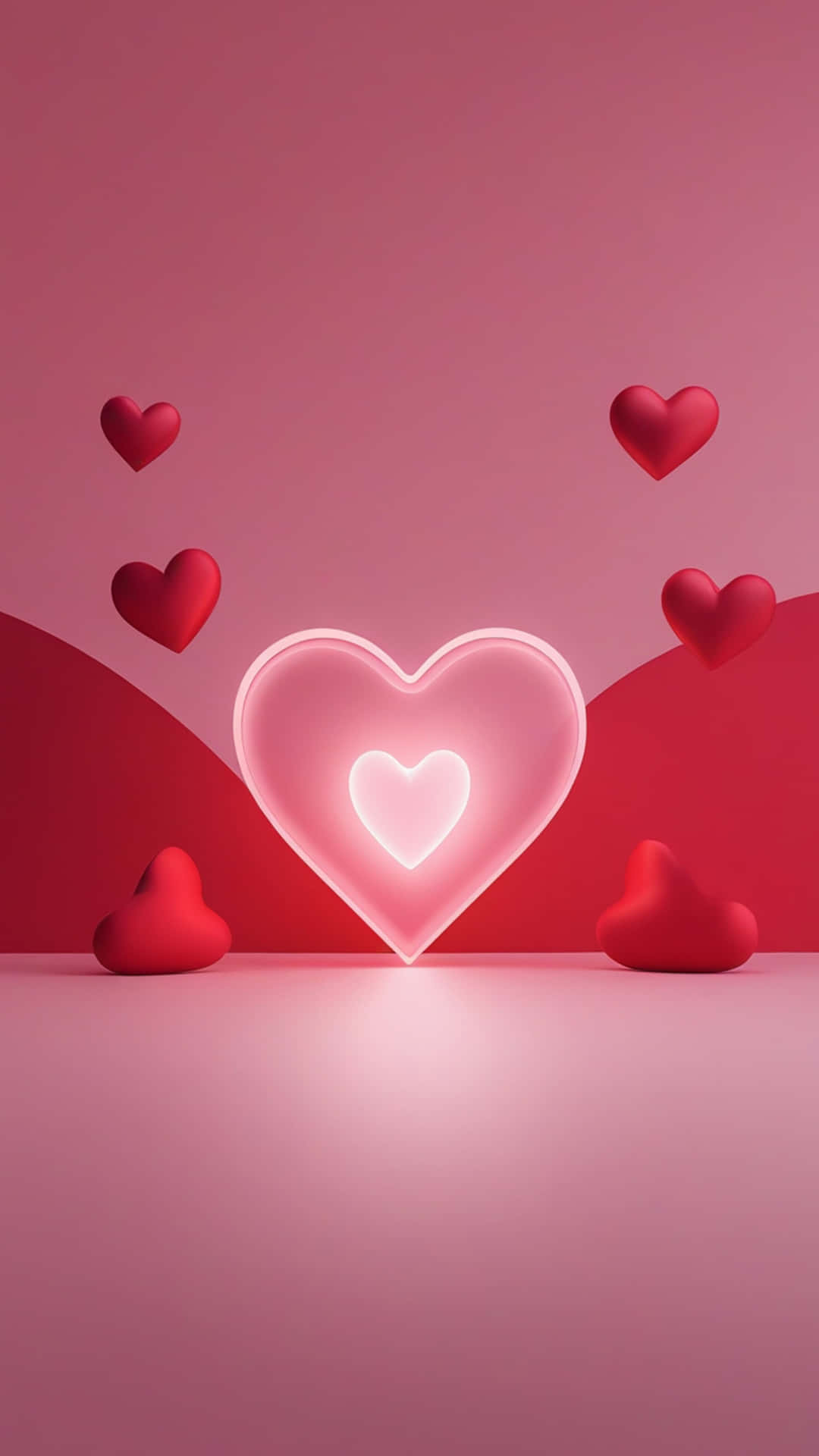 Pure Love, Pure Magic ✨ Valentine’s Day 壁紙 — 一個發光的粉紅色霓虹心形，帶有白色內心，居中放置在粉紅色地板上，周圍是霧面紅色心形，背景為漸變粉紅色。