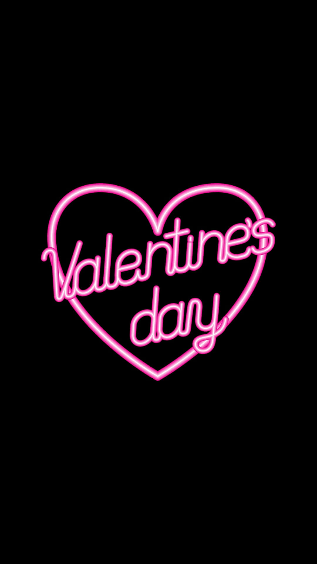 Valentines 桌布 壁紙 — 一個發光的粉紅色霓虹心形，裡面寫著「Valentine's day」，置於純黑色背景上。