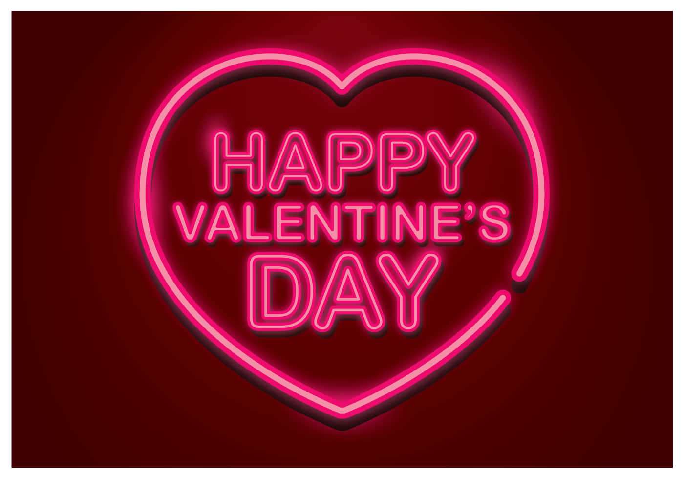 Happy Valentines Day 桌布 壁紙 — 一個發光的粉紅色霓虹心形標誌，上面有「HAPPY VALENTINE'S DAY」文字，背景為深紅色。