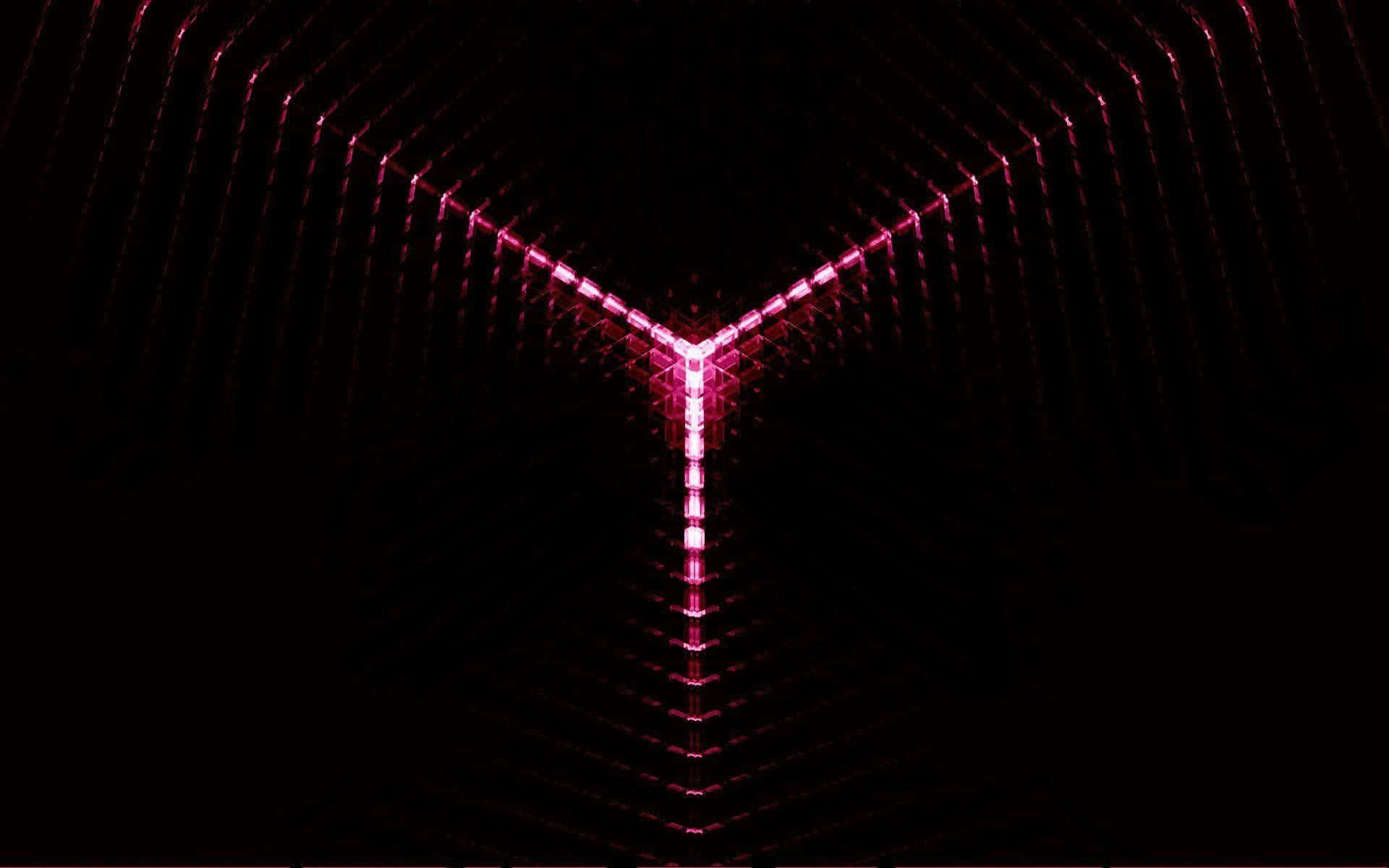 Aesthetic Red Pc 桌布 壁紙 — 一個發光的粉紅色霓虹燈Y形燈光結構在幾何隧道中逐漸消失在黑暗中。