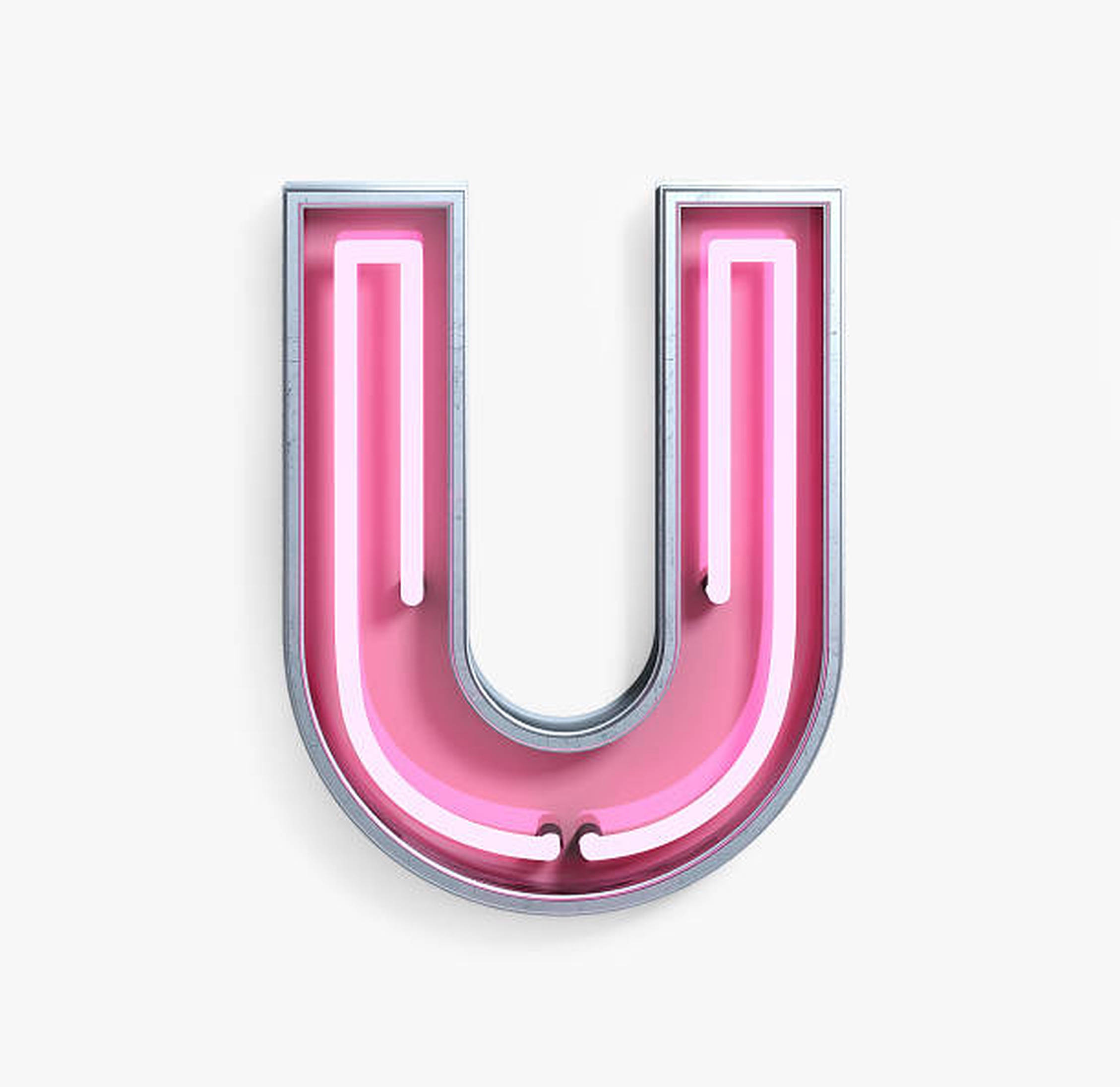U 桌布 壁紙 — 一個發光的粉紅色霓虹燈字母U，鑲在金屬框架中，在純色背景上投下柔和陰影。