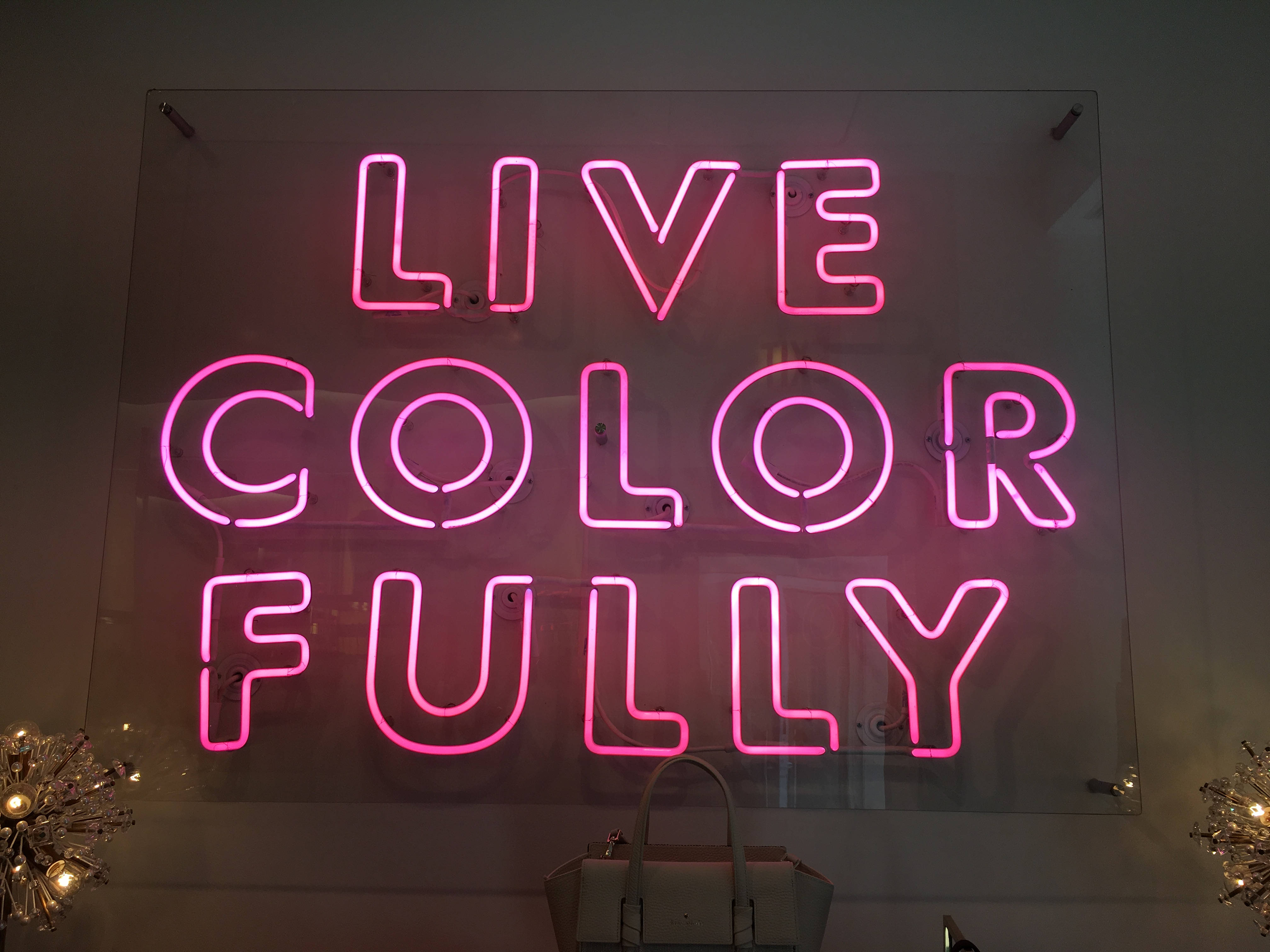 Positive Quotes 桌布 壁紙 — 一個發光的粉紅色霓虹燈牌，上面寫著「LIVE COLOR FULLY」，安裝在玻璃上，在昏暗的房間中投射出鮮豔的光芒，下方有裝飾燈和手提包。