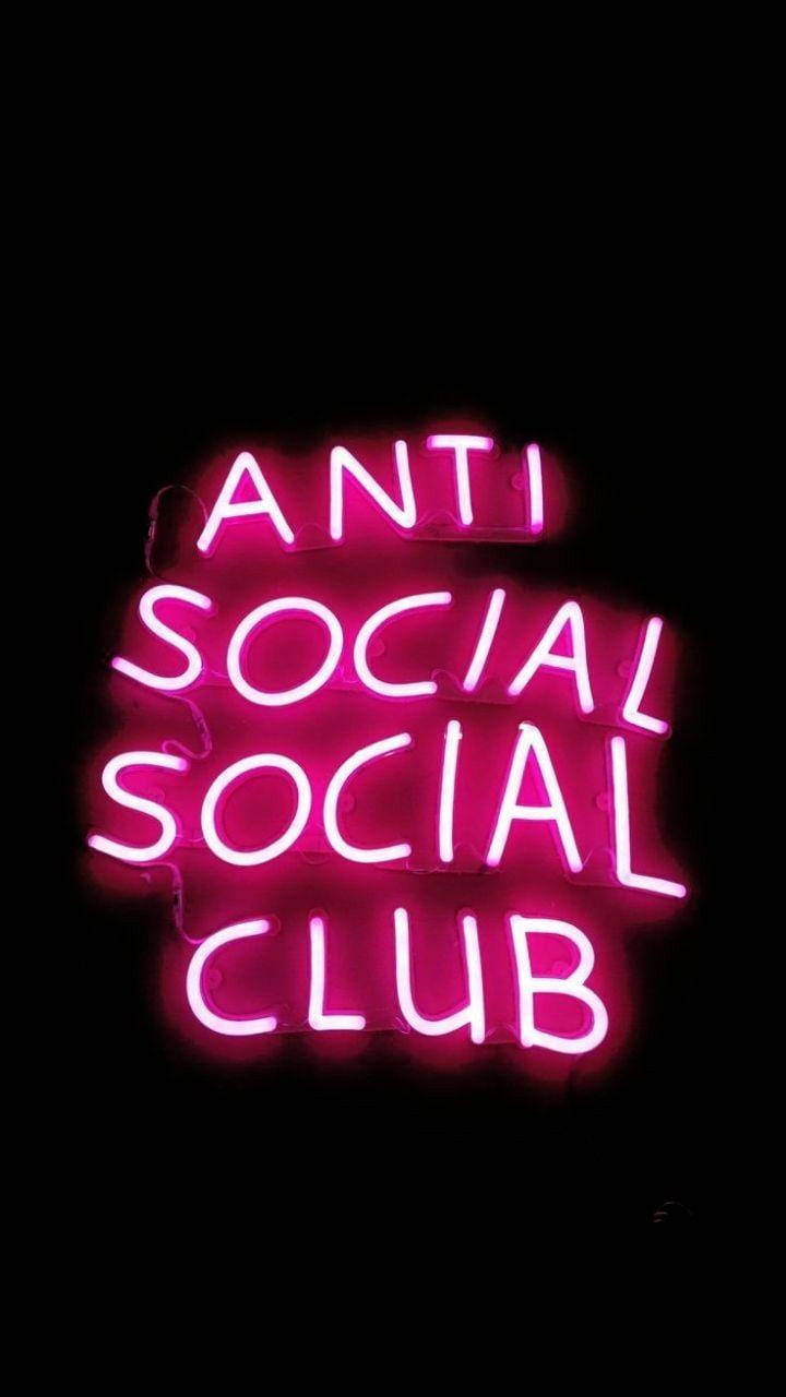 club 桌布 壁紙 — 一個發光的粉紅色霓虹燈牌，上面寫著 anti social social club，背景為漆黑一片。