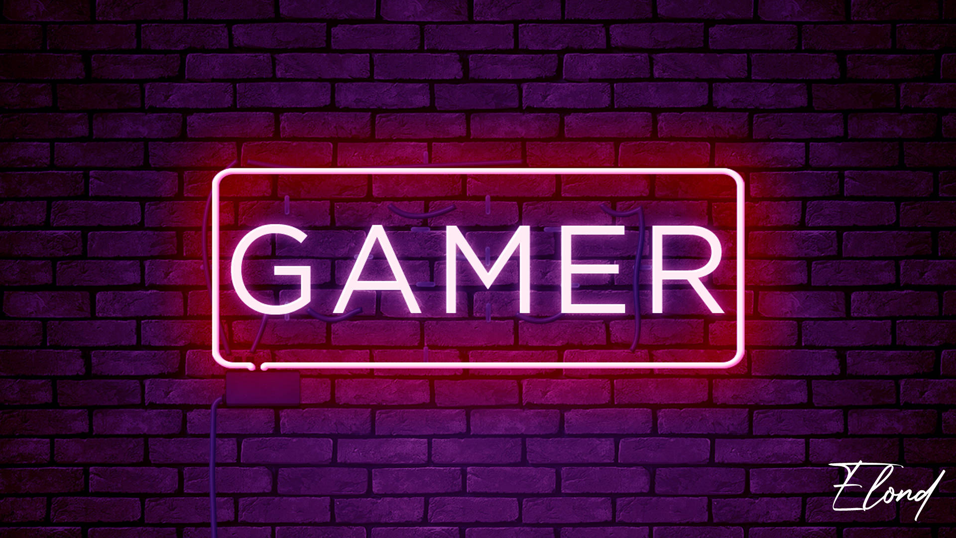 玩家 桌布 壁紙 — 一個發光的粉紅色霓虹燈牌，拼寫出GAMER，在夜晚將鮮豔的光芒投射在深色磚牆上。