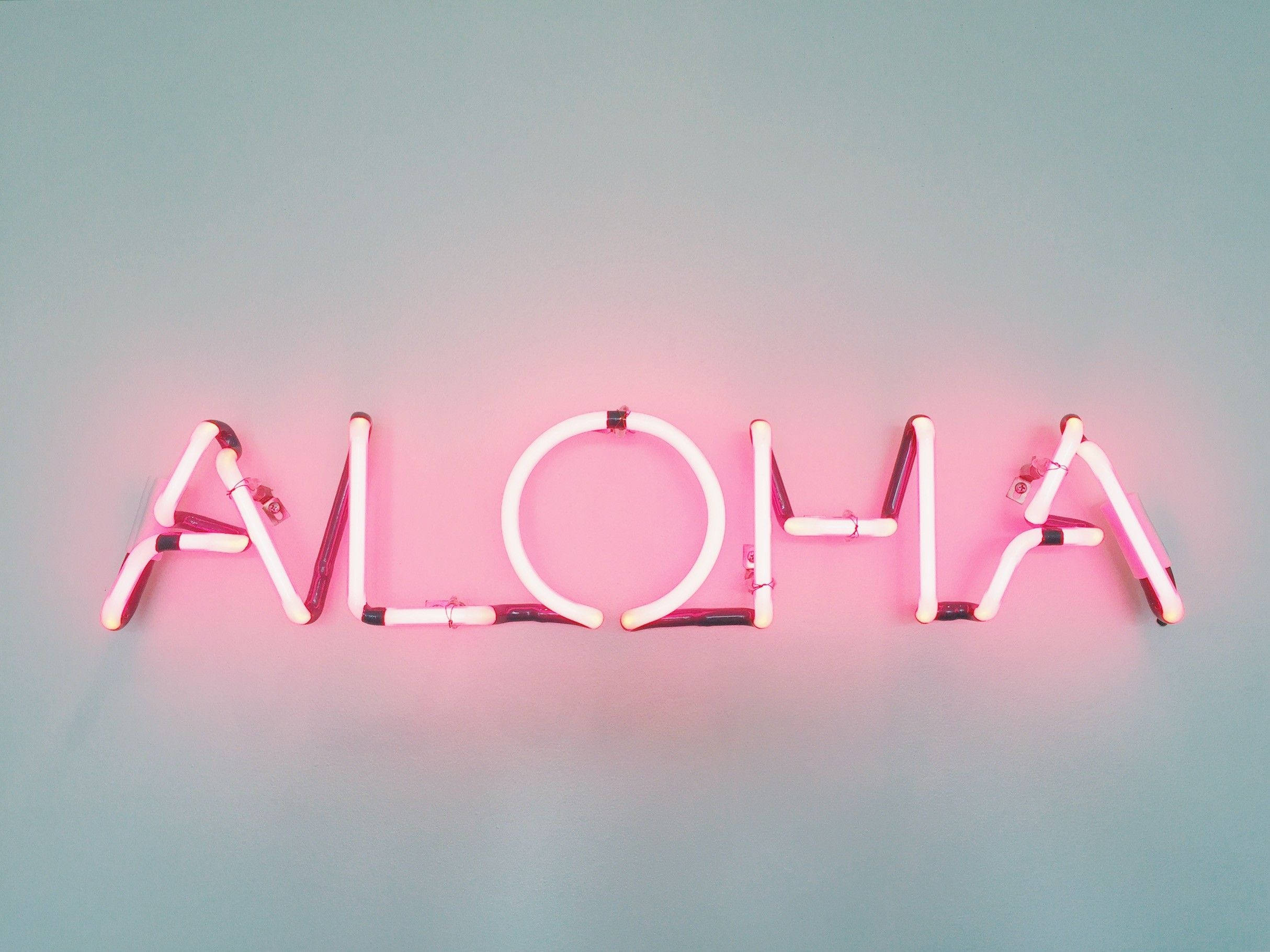 筆電 桌布 壁紙 — 一個發光的粉紅色霓虹燈牌，拼寫著「ALOHA」，在柔和的青綠色牆壁上投射出柔和溫暖的光芒。