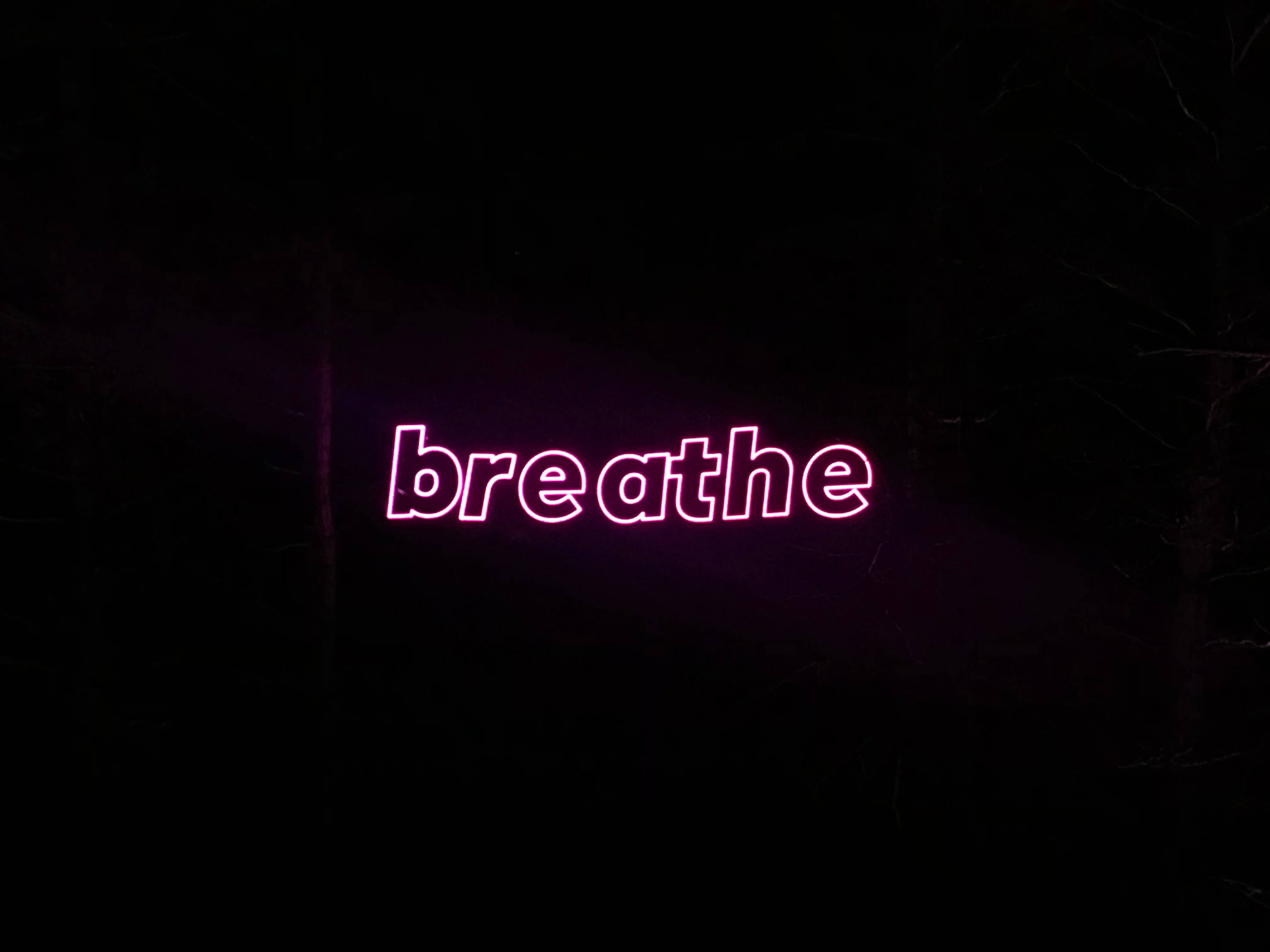 lights 桌布 壁紙 — 一個發光的粉紅色霓虹燈牌拼出 breathe，在夜晚用柔和的光線照亮黑暗的森林。