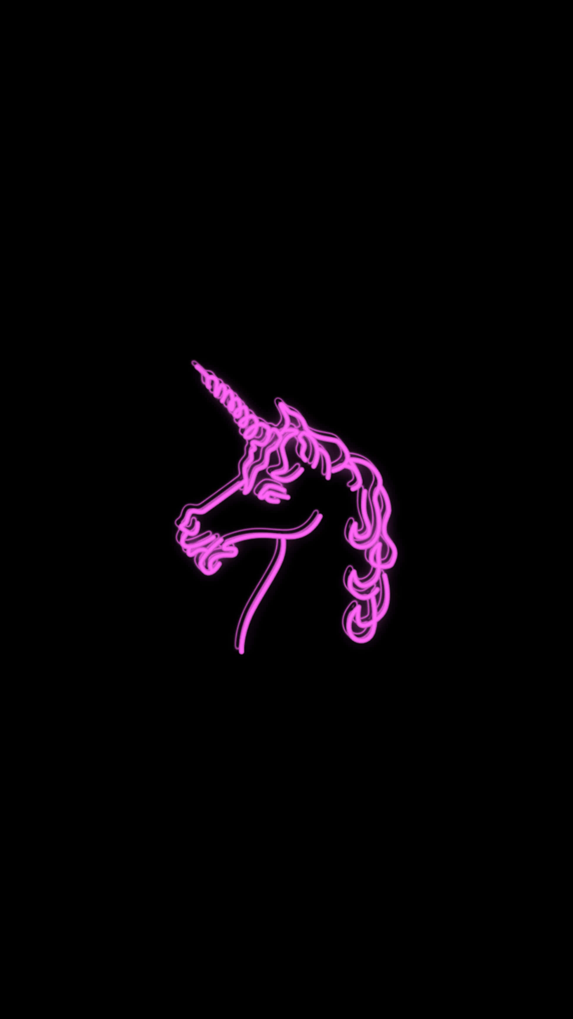Cute Neon Pink 桌布 壁紙 — 一個發光的粉紅色霓虹燈獨角獸頭部剪影在純黑色背景上突出顯示。