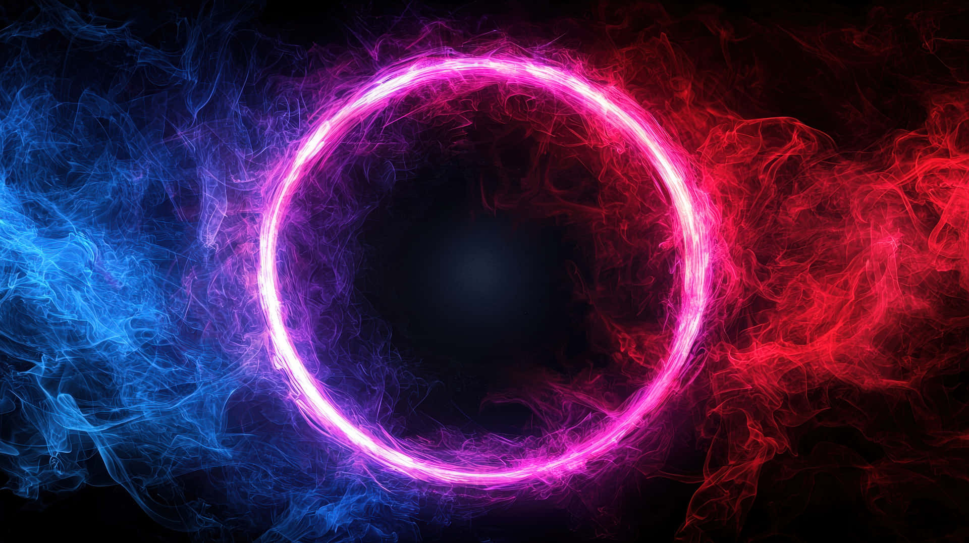 Vibrant neon ring surrounded by swirling red and blue smoke, symbolizing energy, duality, and power 壁紙 — 一個發光的粉紅色霓虹環漂浮在旋轉的藍色和紅色煙霧中，背景是黑色虛空。