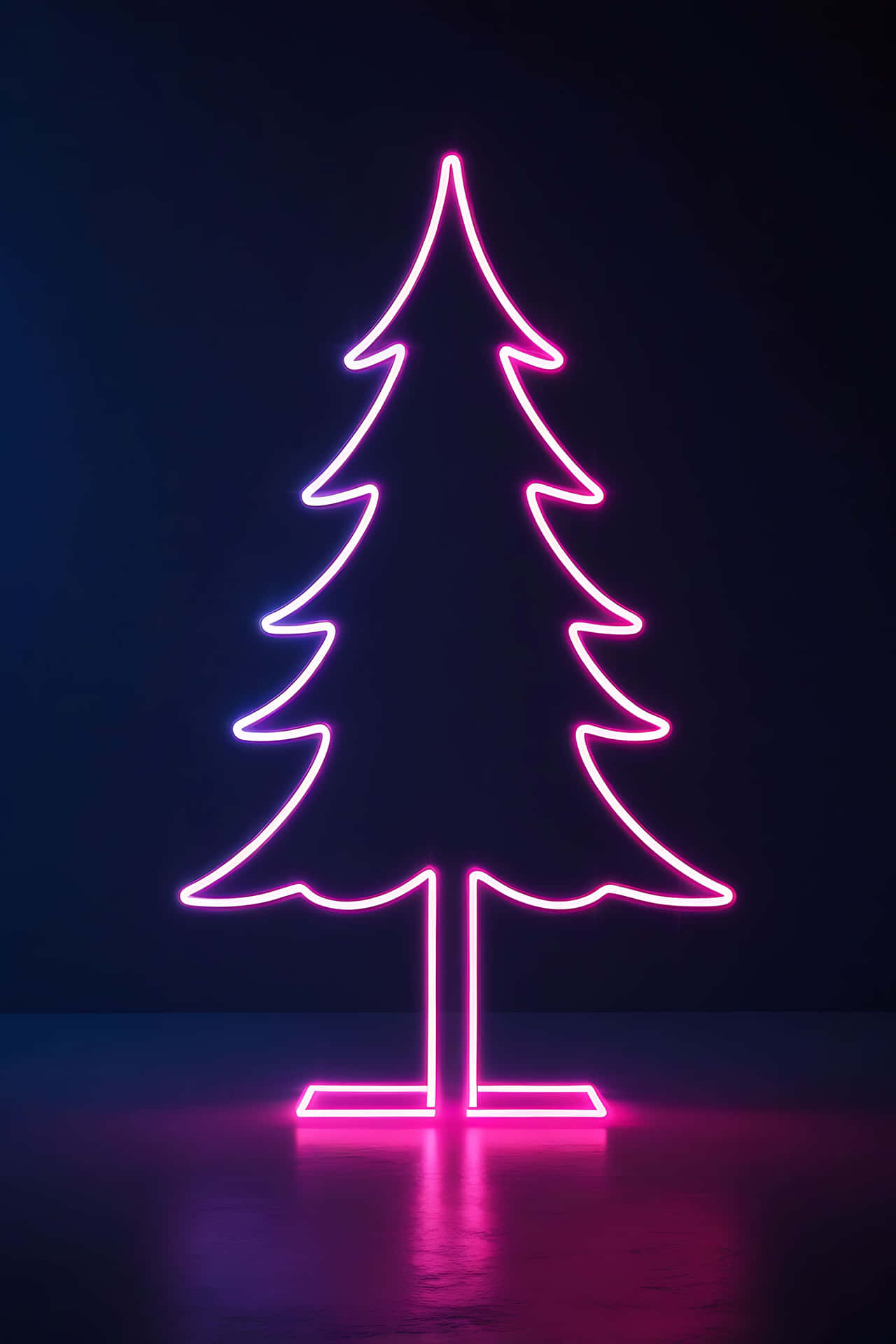 Neon christmas tree light 壁紙 — 一個發光的粉紅色霓虹聖誕樹輪廓，映襯在深藍色牆壁上，在地板上投射出鮮豔的倒影。