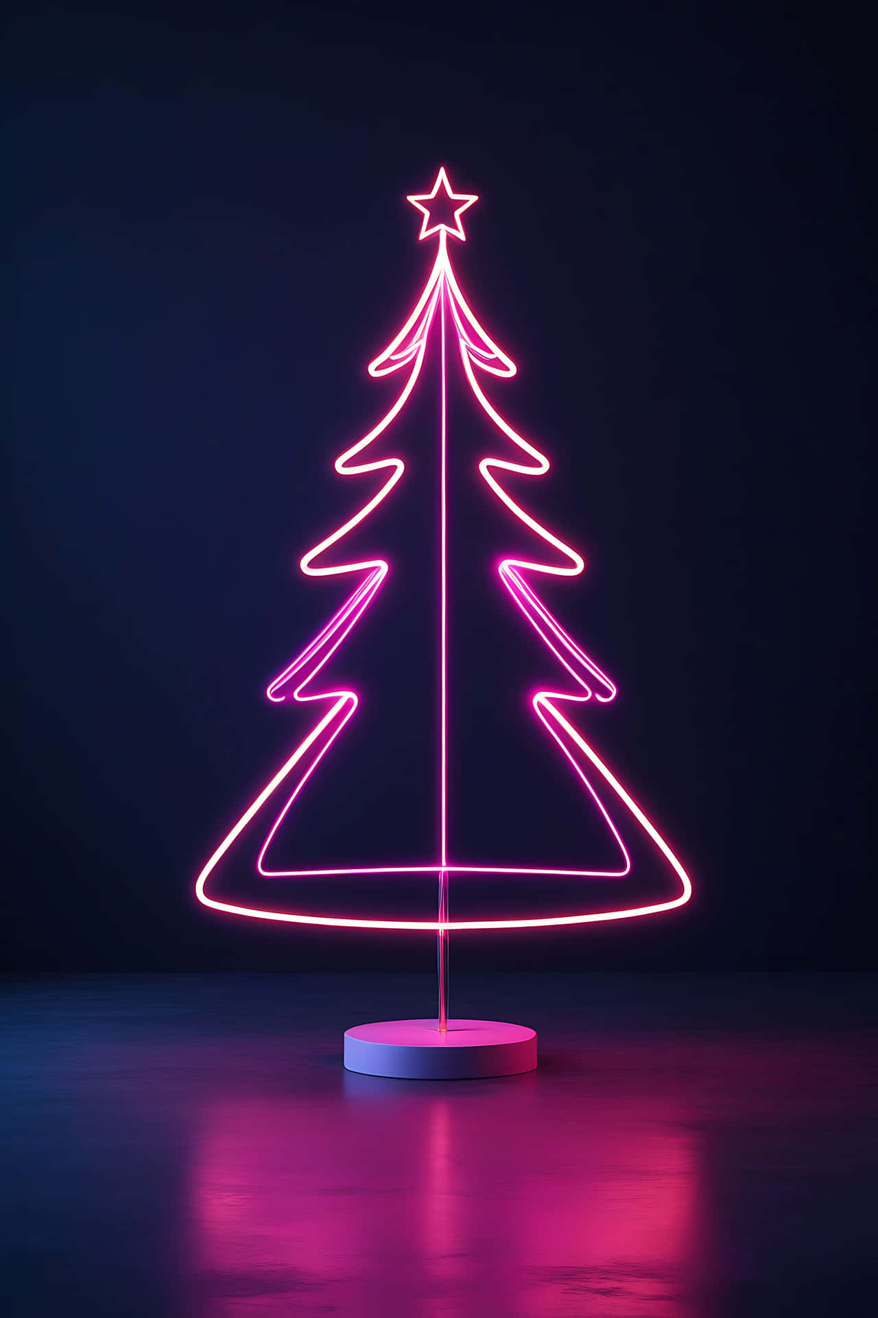 Pink neon christmas tree 壁紙 — 一個發光的粉紅色霓虹聖誕樹輪廓，頂部有一顆星星，立在底座上，背景是深色。
