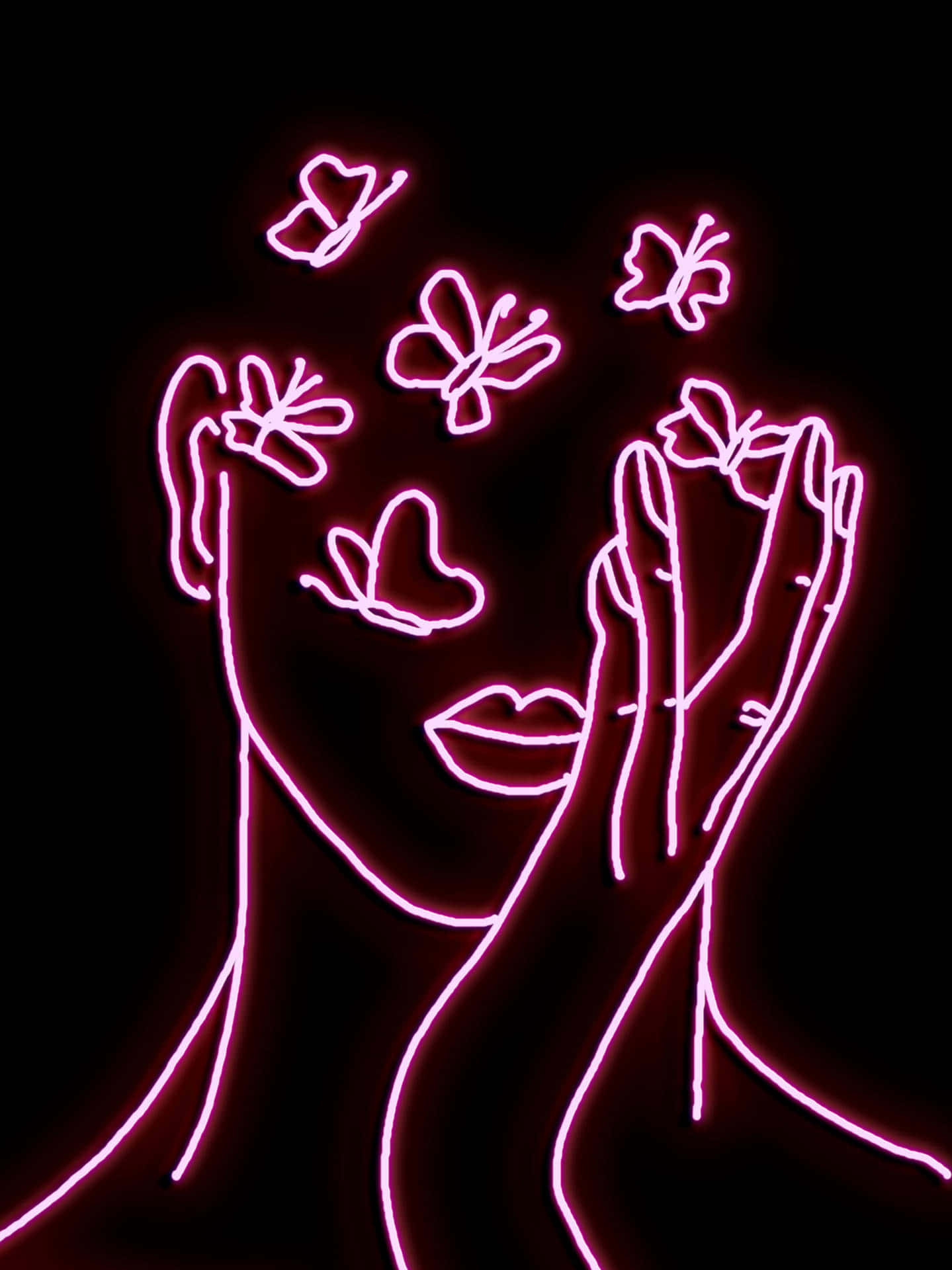 Pink Neon Aesthetic 桌布 壁紙 — 一個發光的粉紅色霓虹輪廓，勾勒出一個女人的臉和雙手，蝴蝶在她周圍飄浮，背景為黑色。