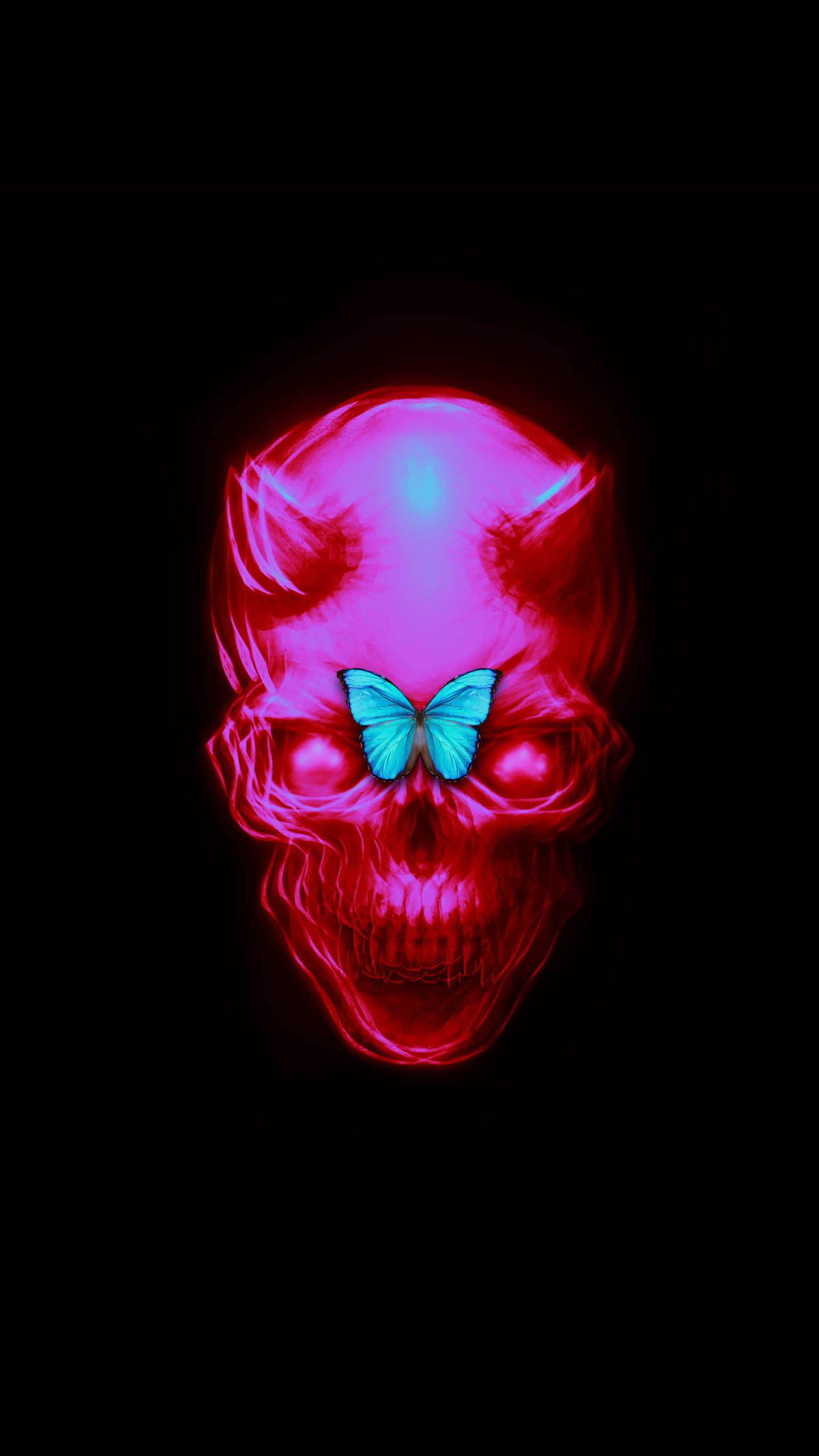 Galaxy Skull 桌布 壁紙 — 一個發光的粉紅色頭骨，鼻子上有一隻充滿活力的藍色蝴蝶，背景為黑色。