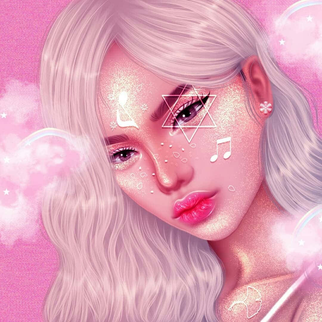 imvu 桌布 壁紙 — 一個發光的粉紅色頭髮、閃閃發光的皮膚和魔法符號的動漫女孩漂浮在夢幻的粉彩粉紅色天空中。