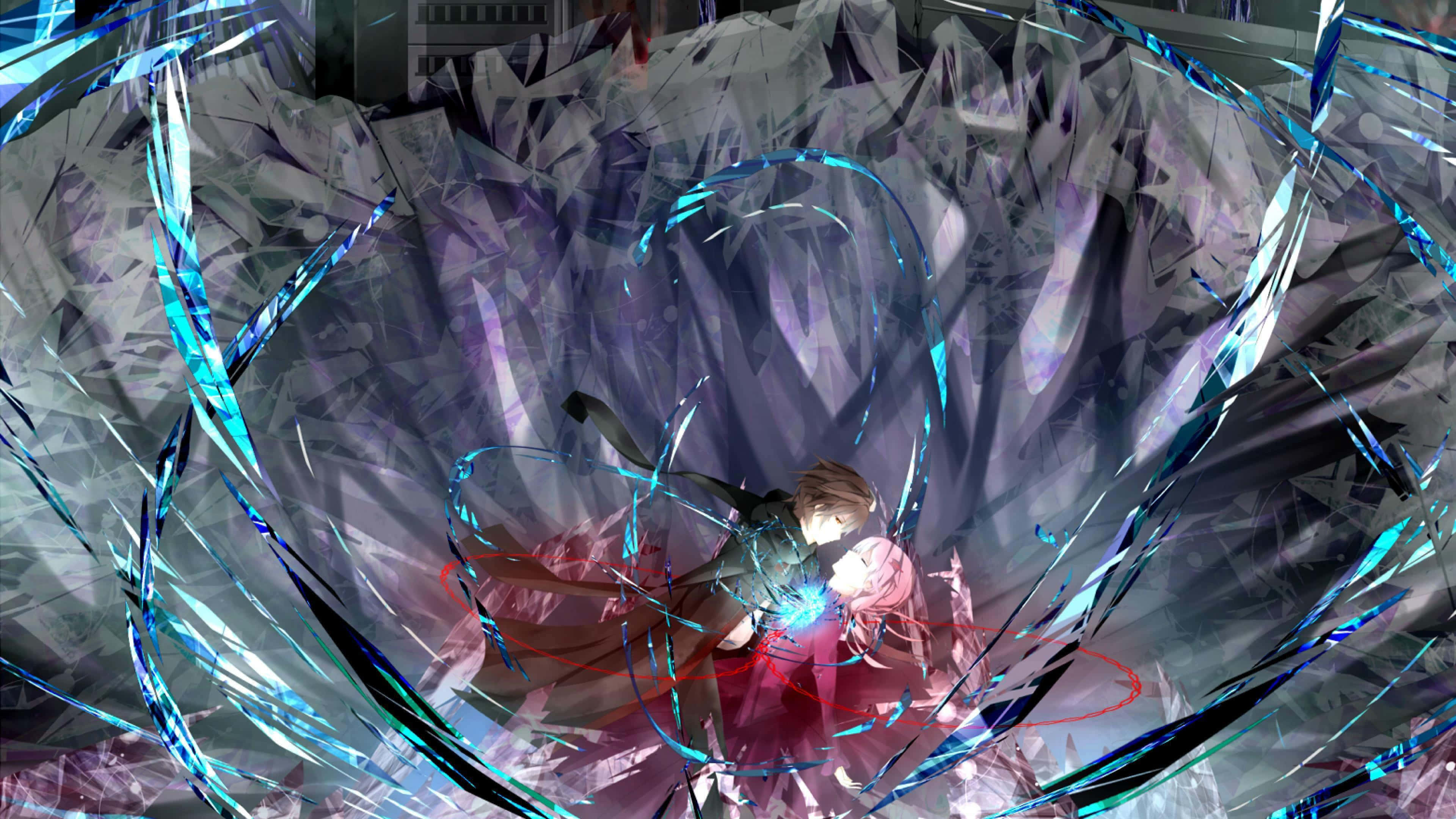 Guilty Crown 桌布 壁紙 — 一個發光的粉紅色頭髮動漫女孩被旋轉的藍色能量和破碎的水晶碎片包圍，形成一個動態的動作場景。