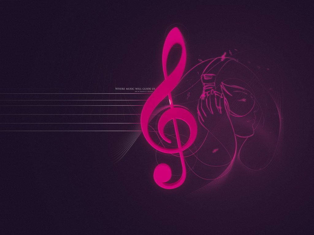 音樂 桌布 壁紙 — 一個發光的粉紅色高音譜號主導著深紫色背景，有一個風格化的人物拿著耳機，音樂符號在周圍旋轉。
